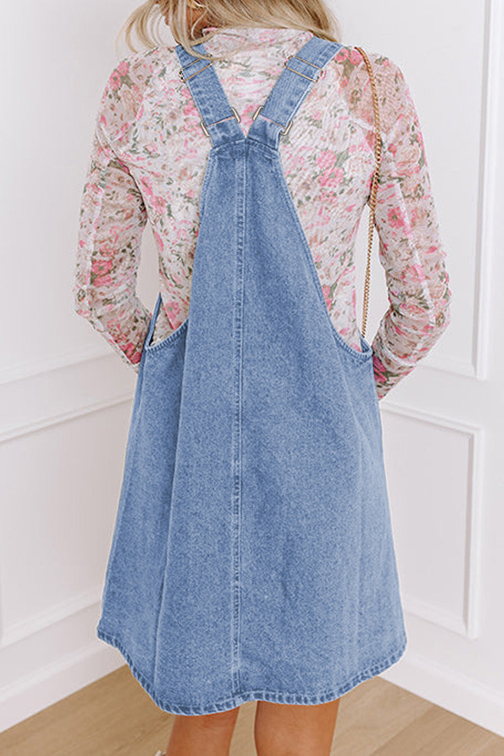 Beau Blue Wide Strap Button Front Pocketed Denim Mini Dress eAura