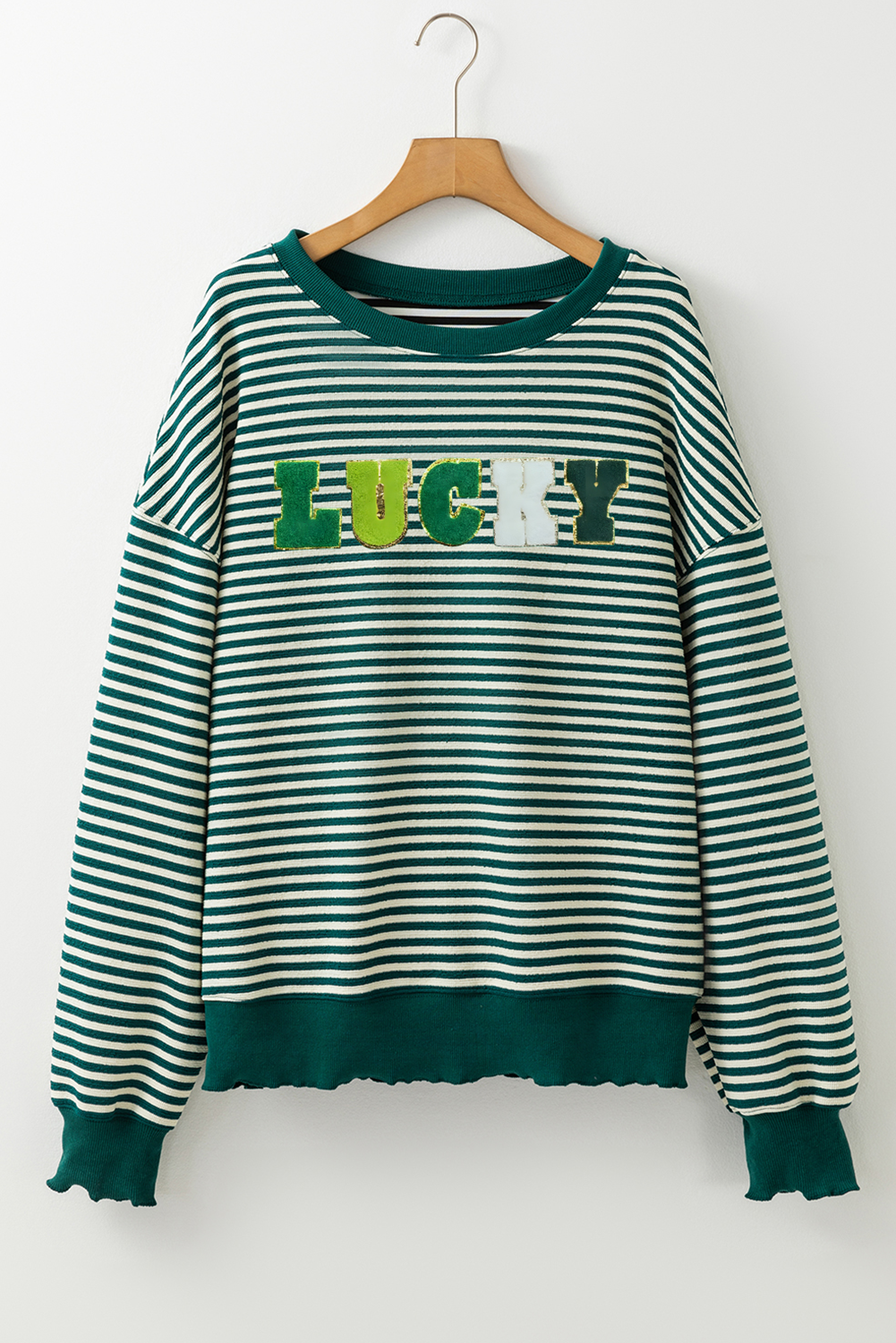 Green Stripe Chenille LUCKY Patched Pattern St Patrick Long Sleeve Top eAura