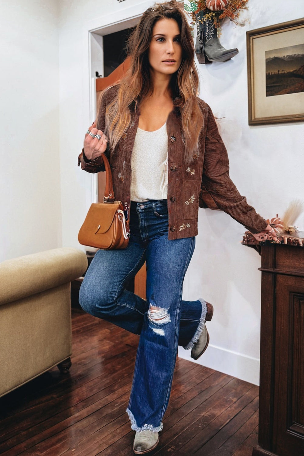 Floral Embroidered Collar Button Front Soft Corduroy Jacket eAura