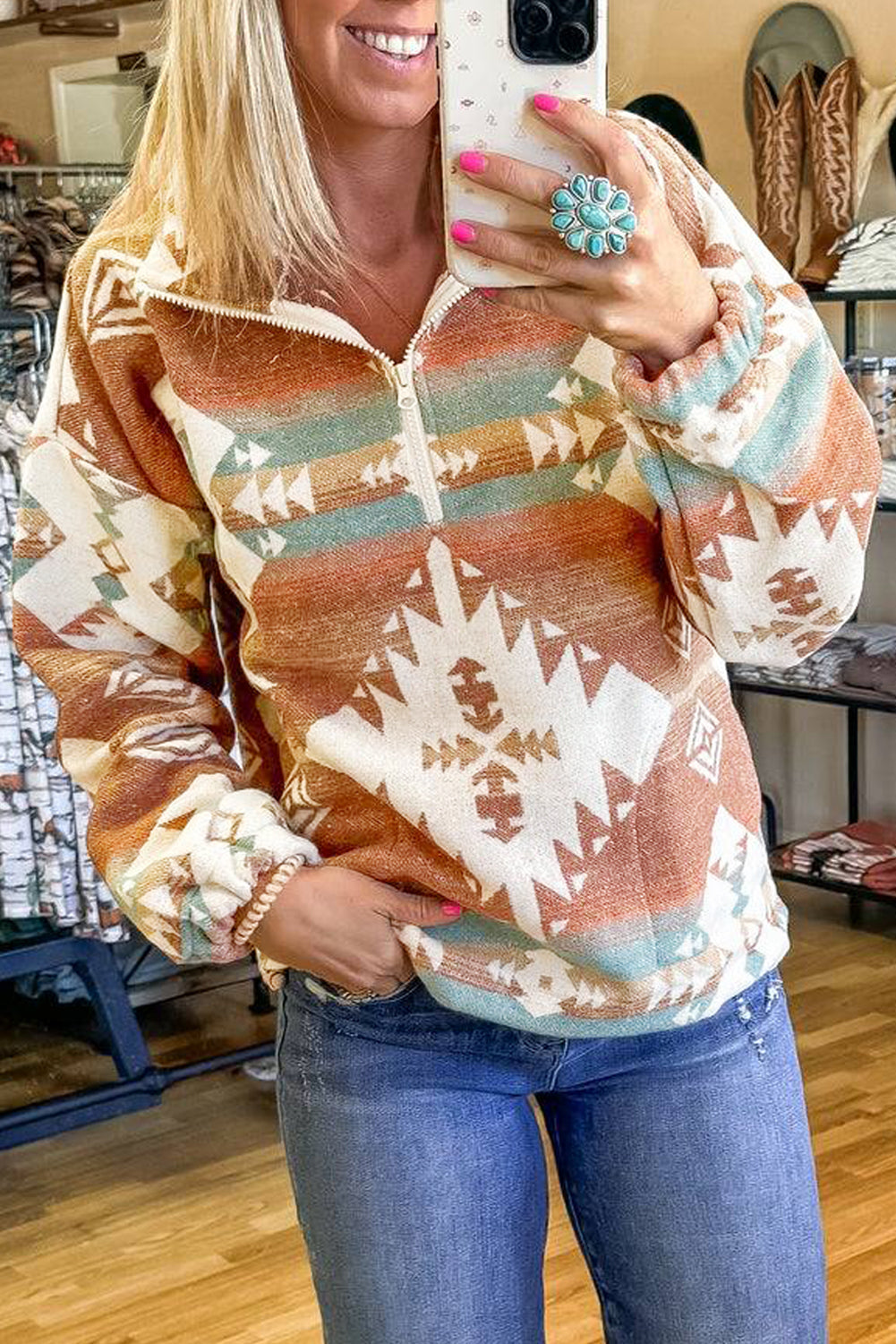 Quarter Zip Elastic Cuffs Aztec Sweatshirt Dear-Lover Dropshipping
