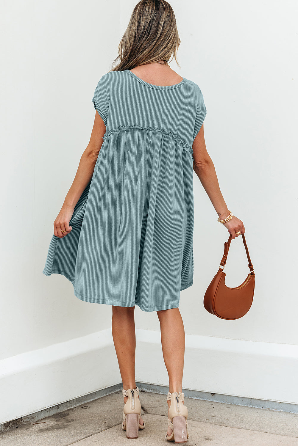 Canton Ribbed Knit Textured Patched Pocket Frilled Swing Mini Dress with Pockets eAura