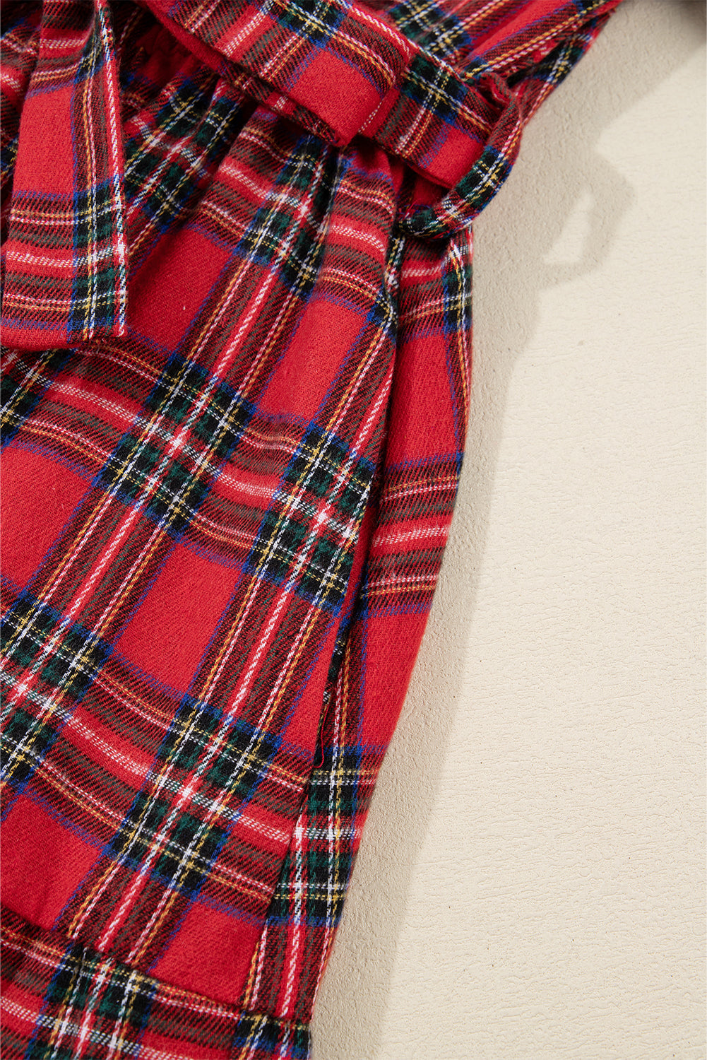 Christmas Plaid Print V-Neck 3/4 Sleeve Tie Waist Long Dress - eAura