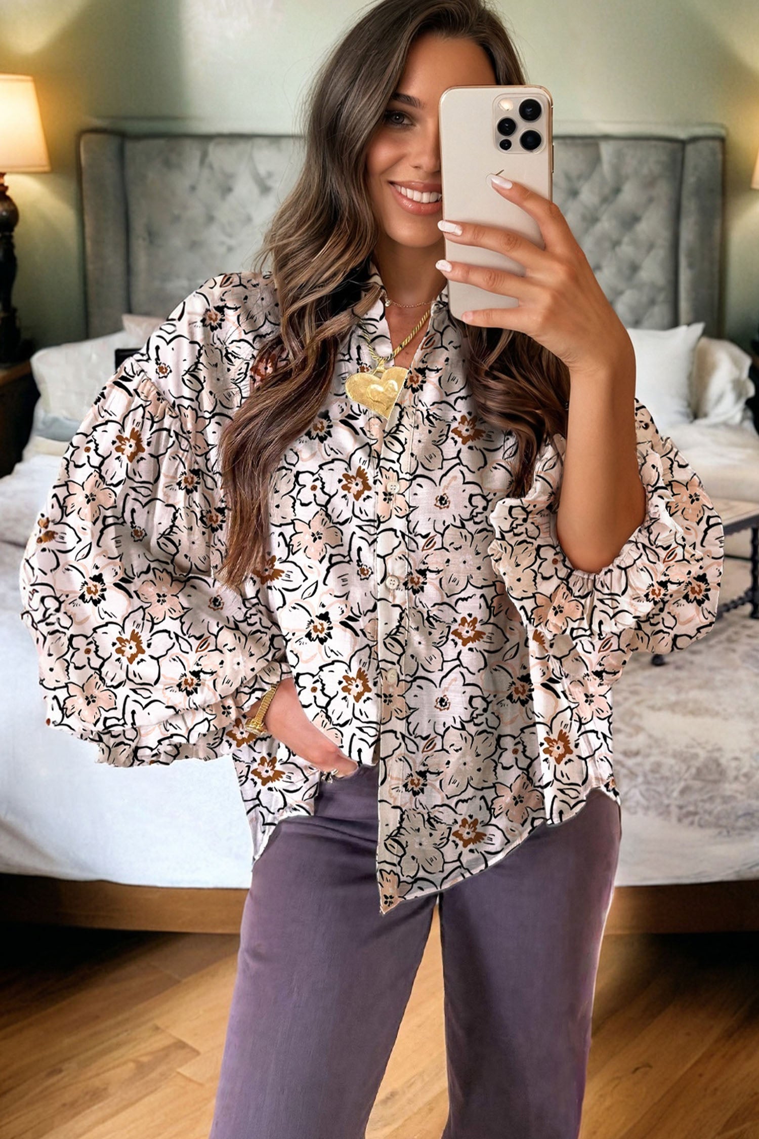 Bold Floral Print Frilled Puff Sleeve Button Down Shirt - eAura