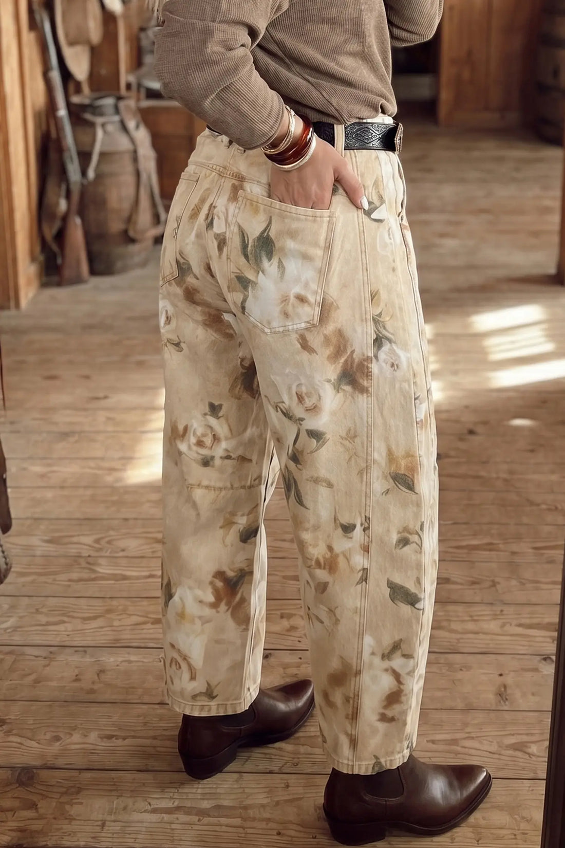 Retro Floral Print Relaxed Barrel Jeans – Khaki