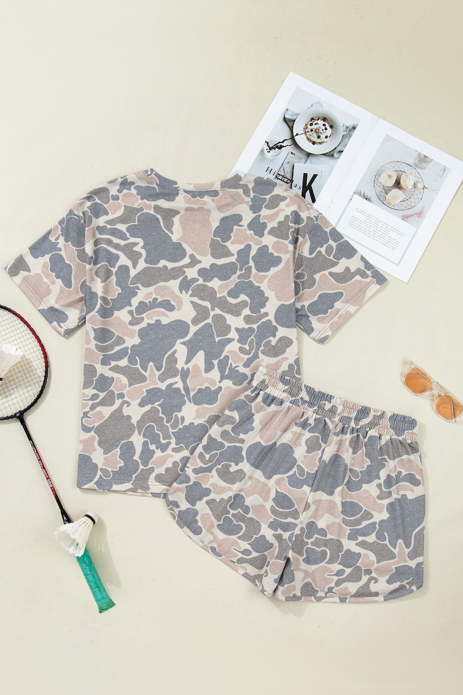 Camouflage Loose Tee Drawstring Shorts 2pcs Outfit – Multicolour