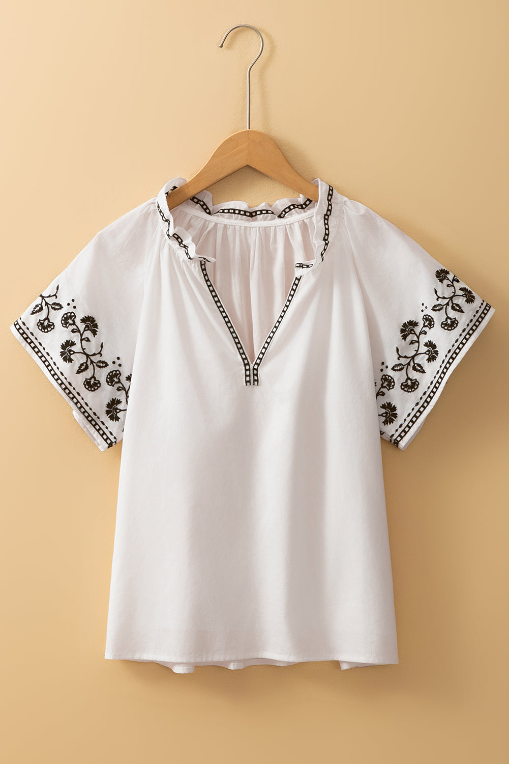 White Floral Embroidered Short Sleeve V Neck Blouse eAura