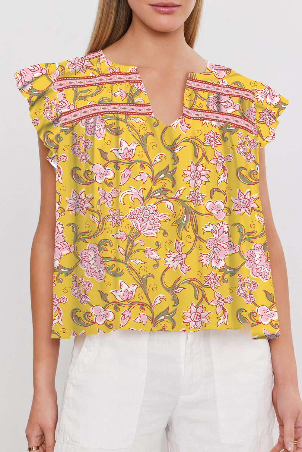 Yellow Floral Notched Neck Ruffled Sleeve Casual Blouse eAura