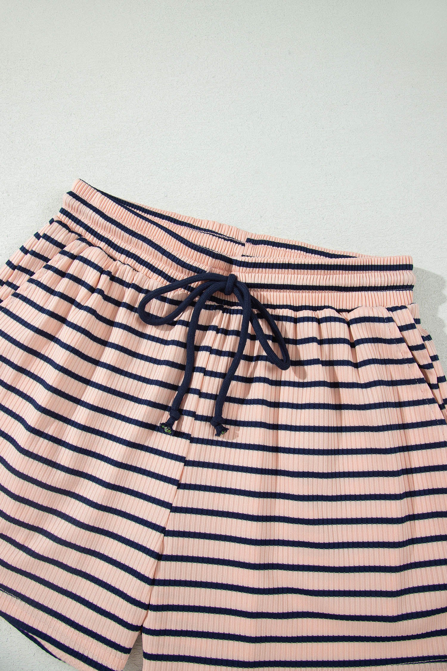 Color Block Long Sleeve Pullover Ribbed Knit Casual Shorts Set – Blue Stripe