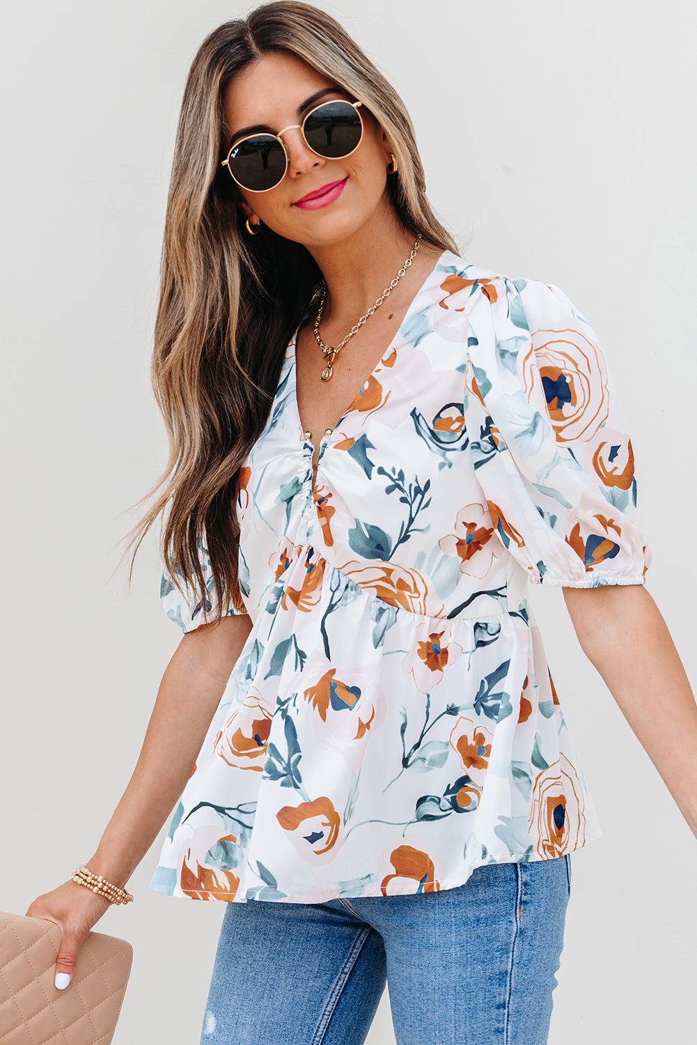 Green Floral Print Puff Sleeve V Neck Babydoll Blouse eAura