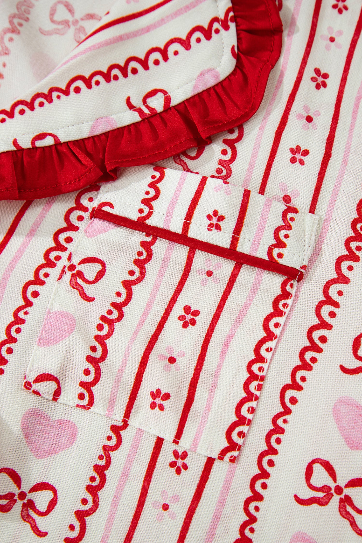 Sweet Floral Heart Bow Print Contrast Trim Long Sleeve Shirt Pajama Short Set – Red