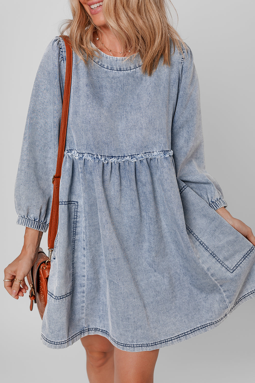 Beau Blue Light Wash High Waist Loose Fit Denim Mini Dress Beagle Boutique Fashion Outlet