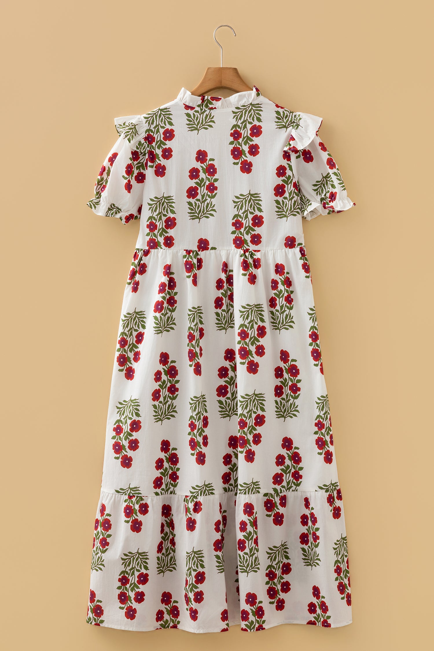 White Floral Print V-Neck 3/4 Sleeve Loose Mini Dress