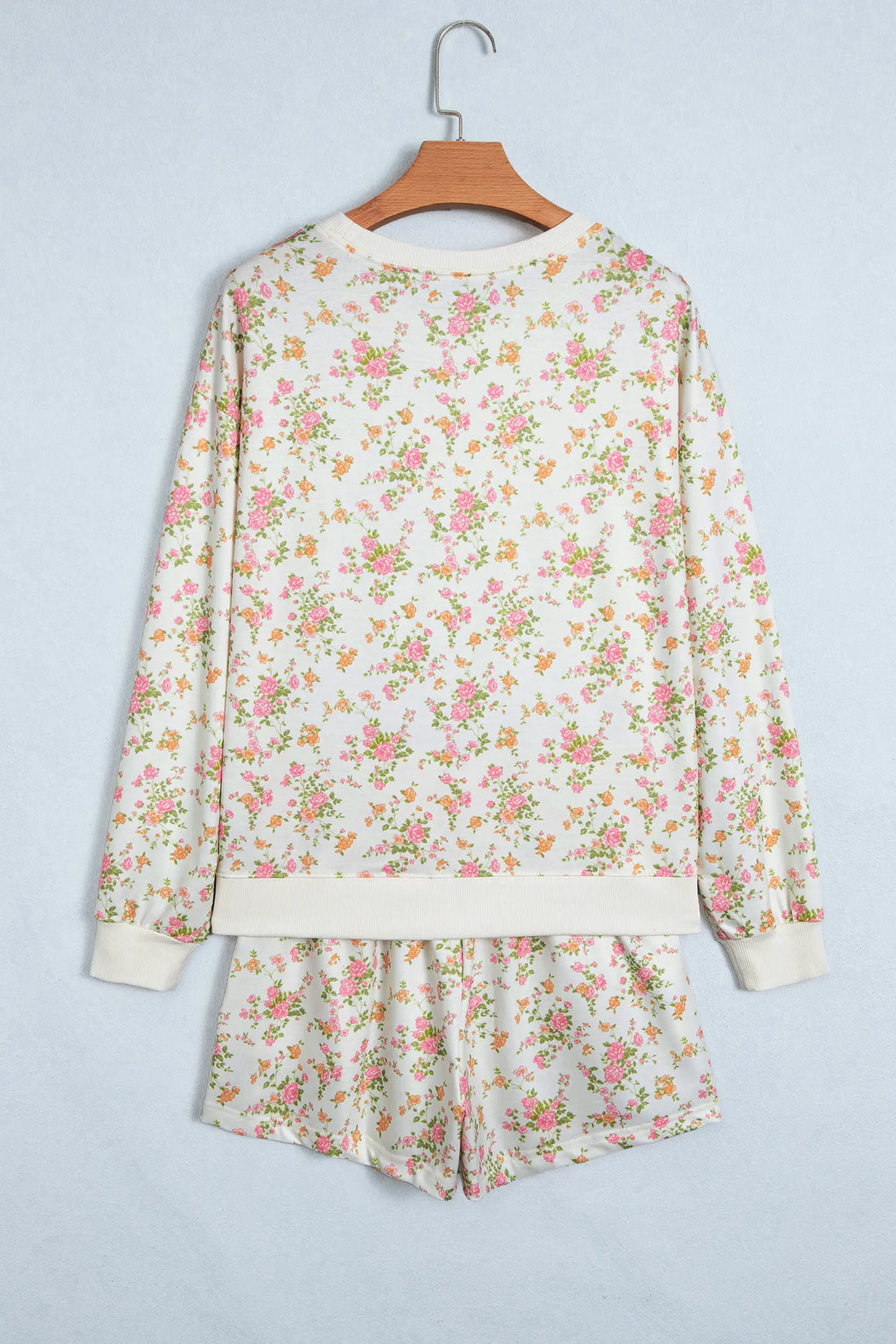 Floral Print Long Sleeve Shift Top Pocketed Shorts 2pcs Set – Beige
