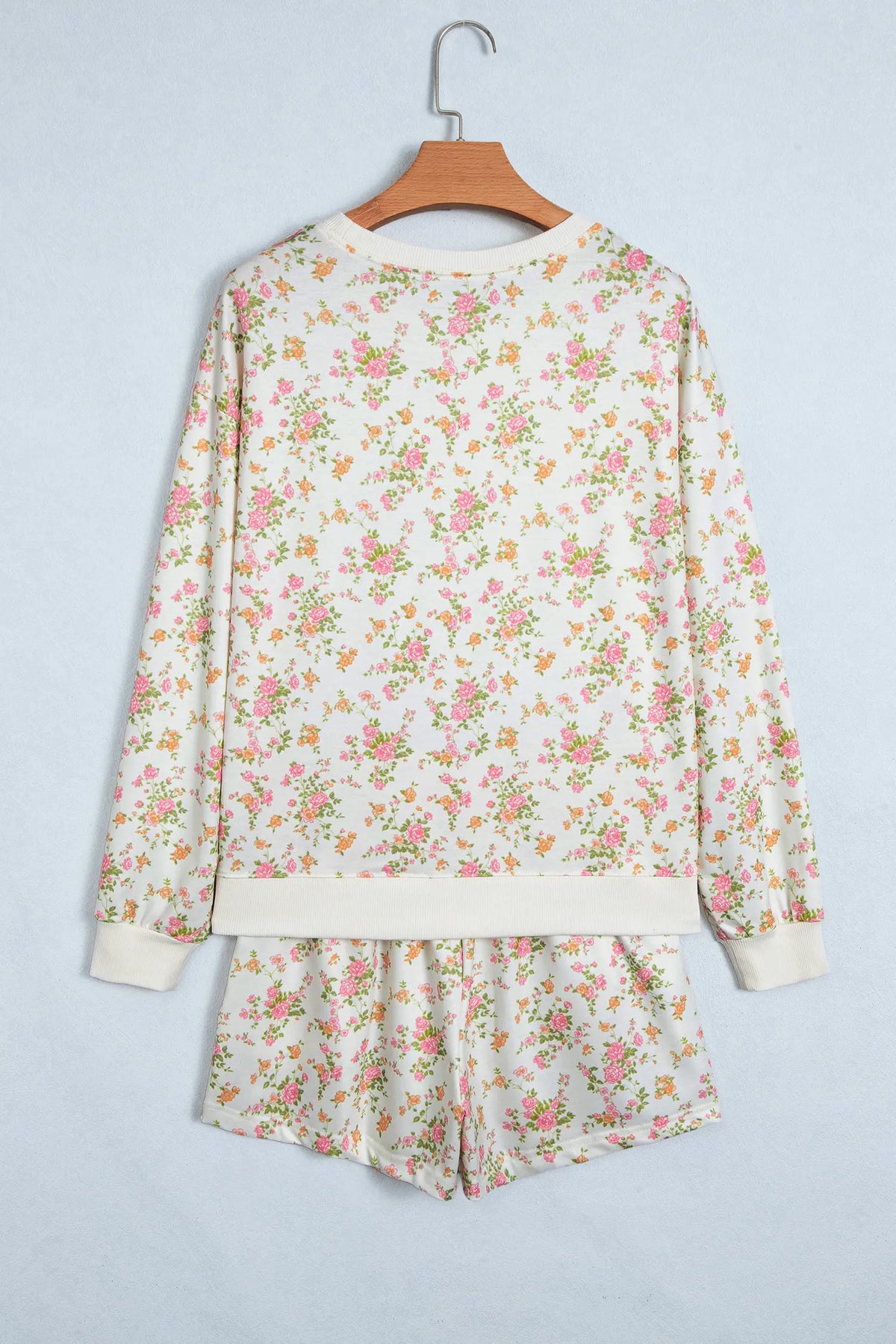 Floral Print Long Sleeve Shift Top Pocketed Shorts 2pcs Set – Beige