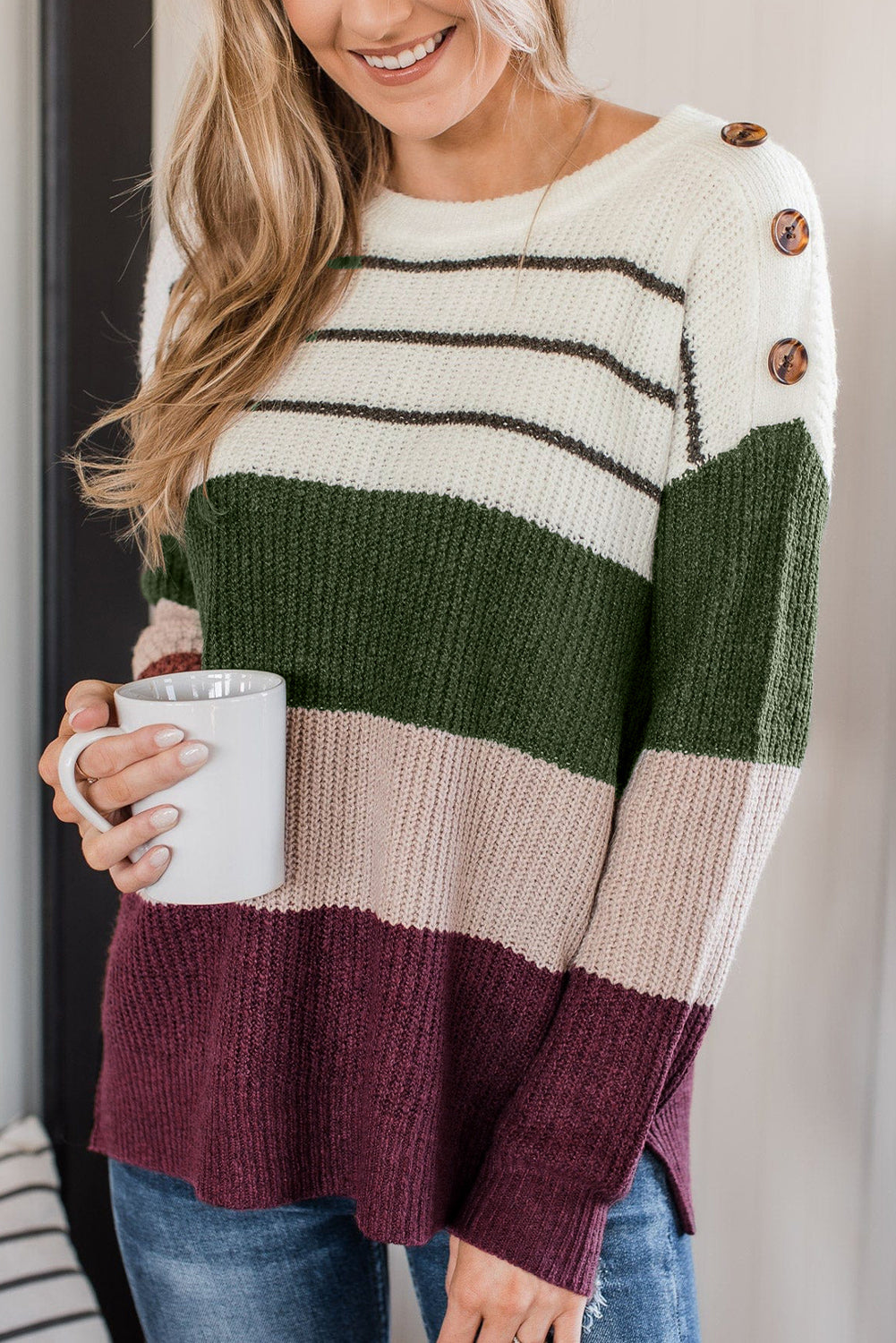 Green Colour Block Striped Buttoned Shoulder Split Sweater eAura