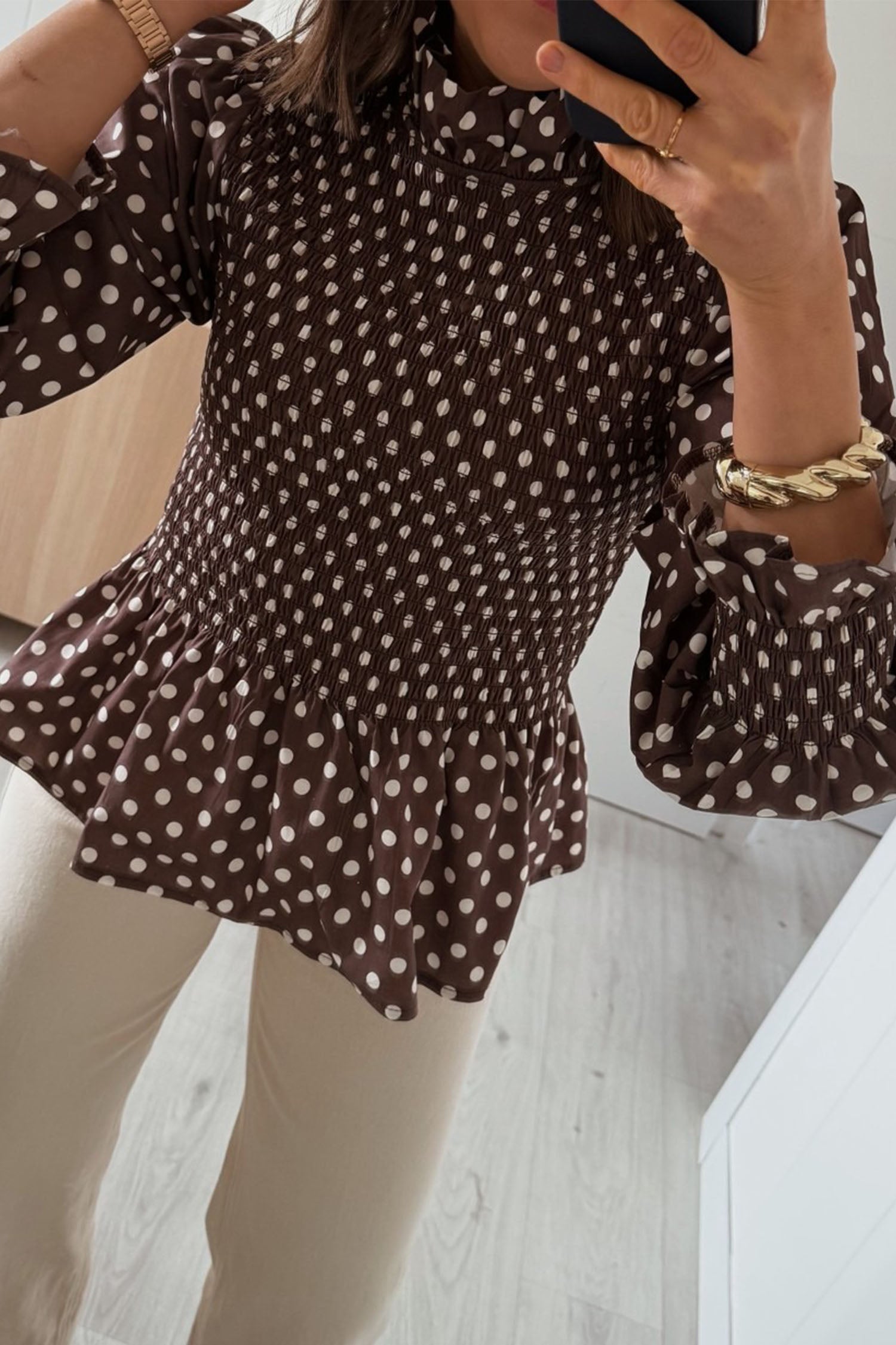 Polka Dot Ruffled High Neck Shirred Ruffle Hem Blouse – Brown