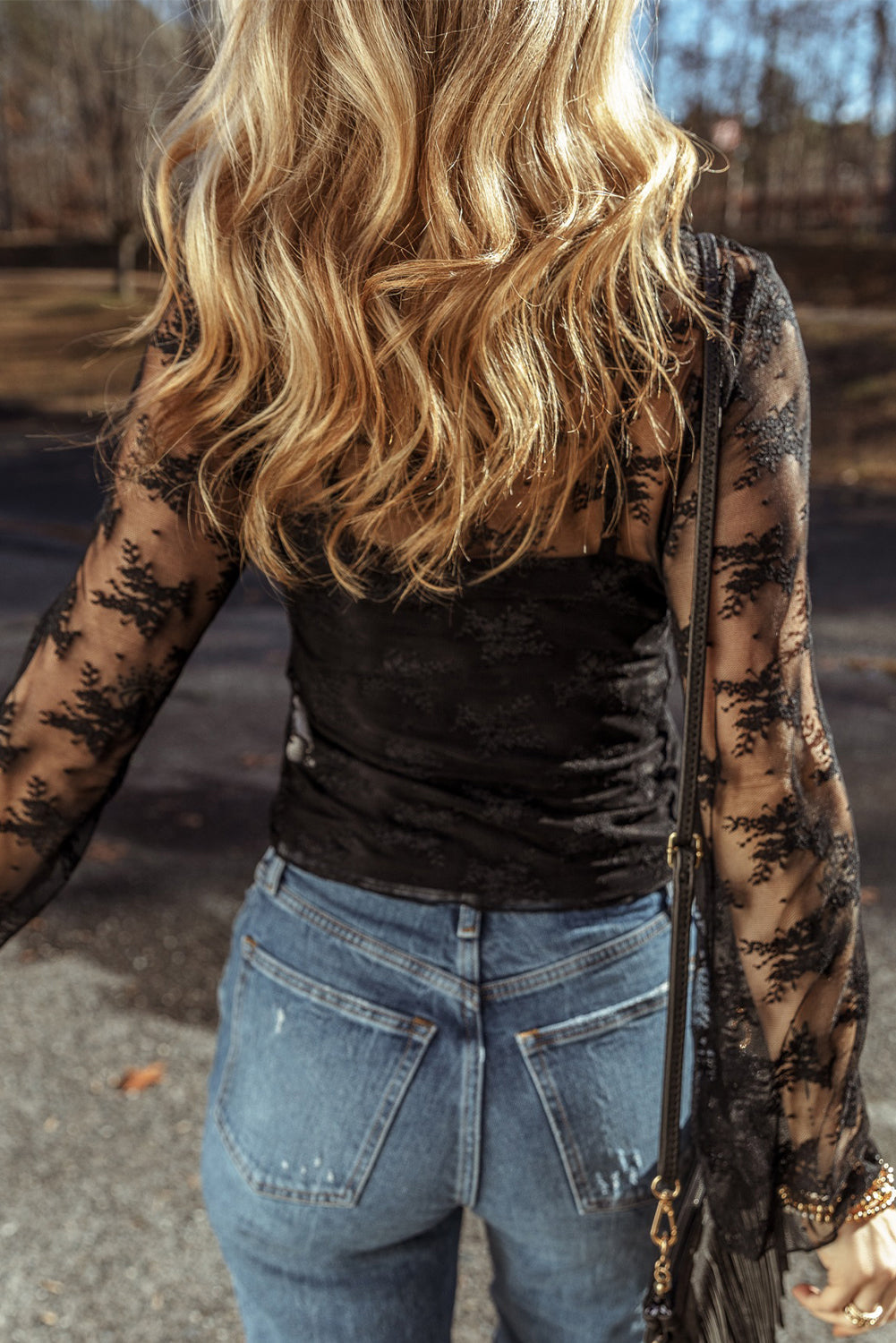 Black Lace Mesh Crochet Splicing Slim Fit Long Sleeve Blouse eAura