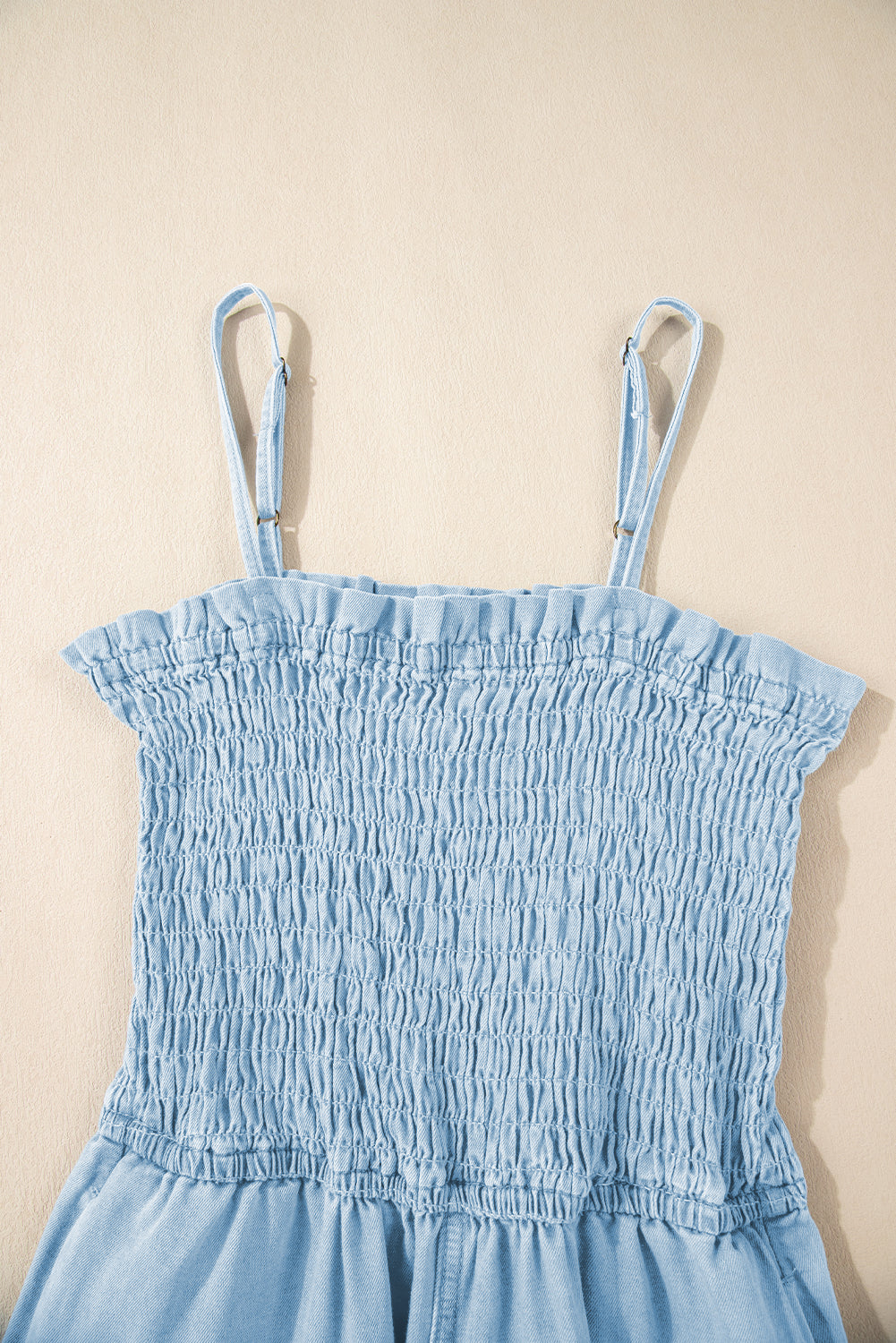 Beau Blue Spaghetti Strap Smocked Denim Romper - eAura