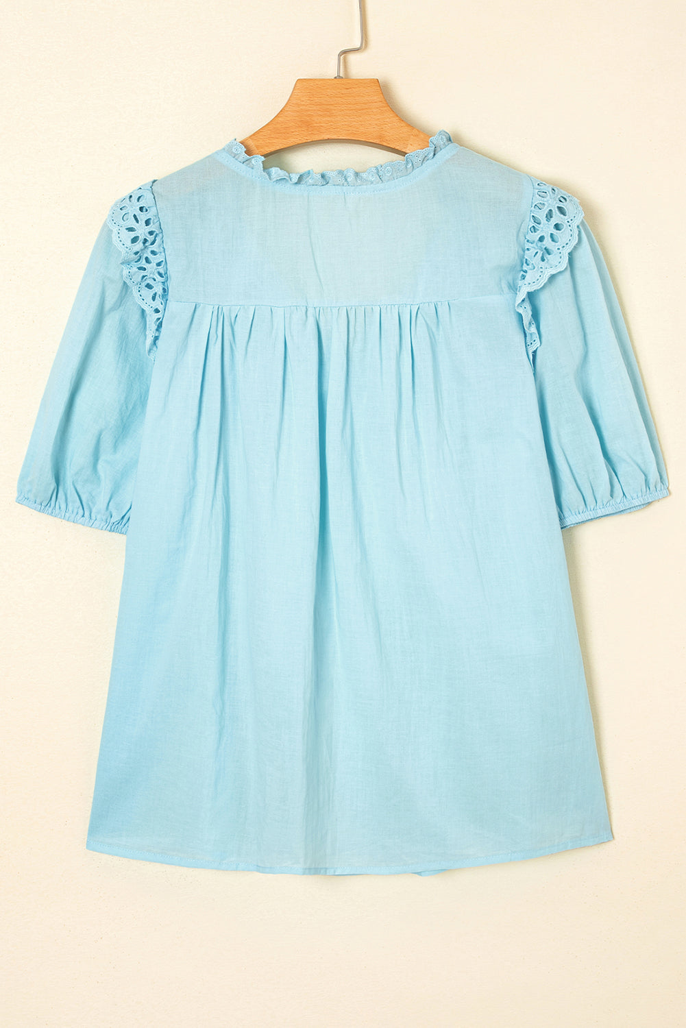 Blue Embroidered Lace Patchwork Tie Neck Puff Short Sleeve Blouse eAura