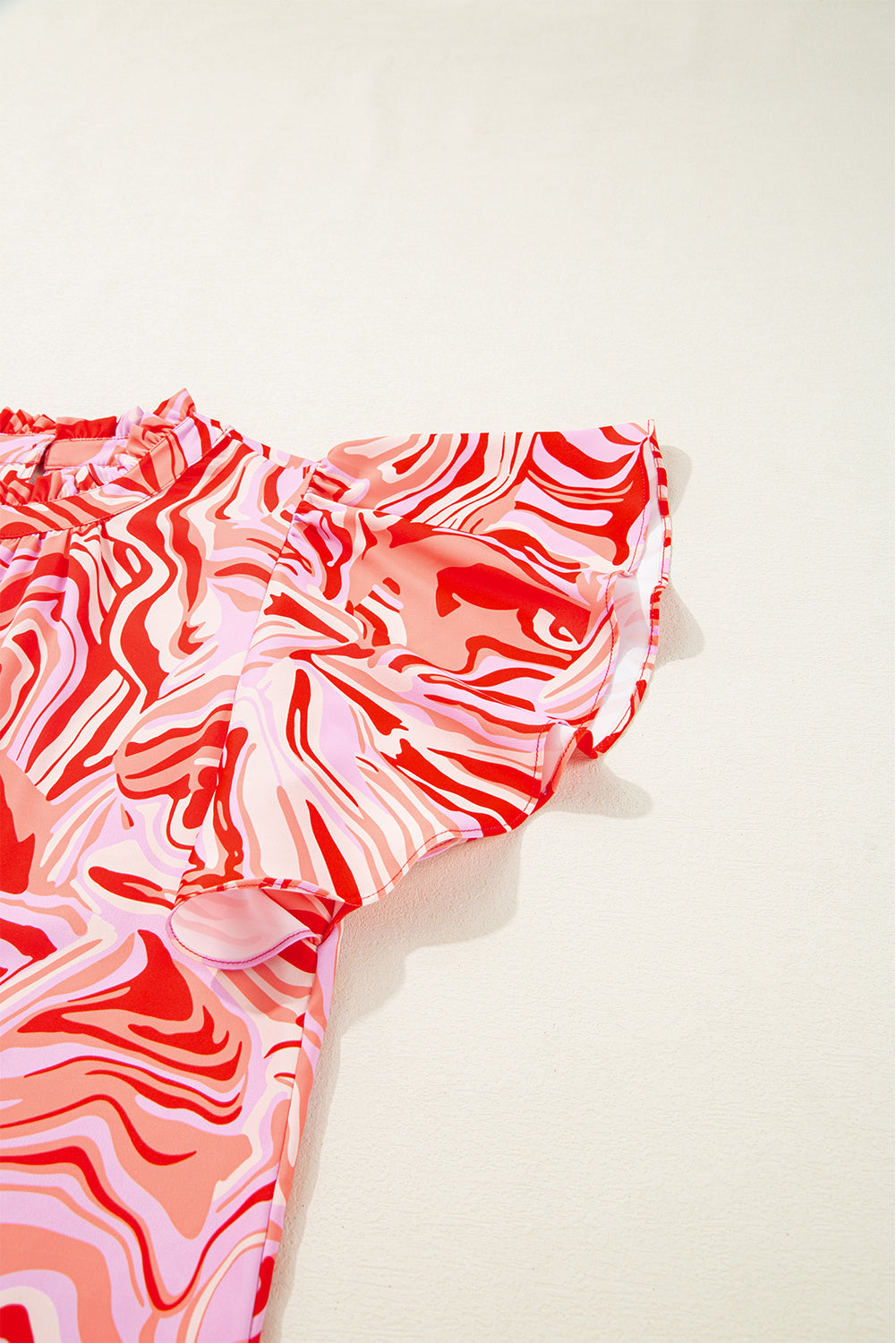 Red Abstract Print Ruffled Short Sleeve Mock Neck Blouse eAura