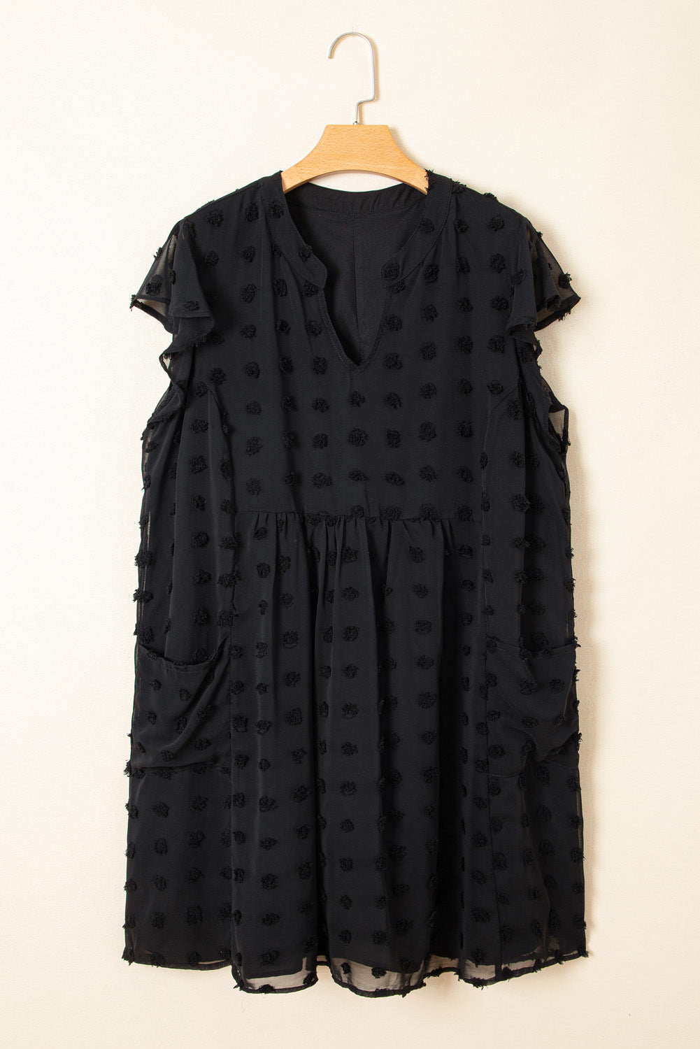Black Dotty Textured Notched Neck Plus Ruffled Dress BB Fashion Outlet