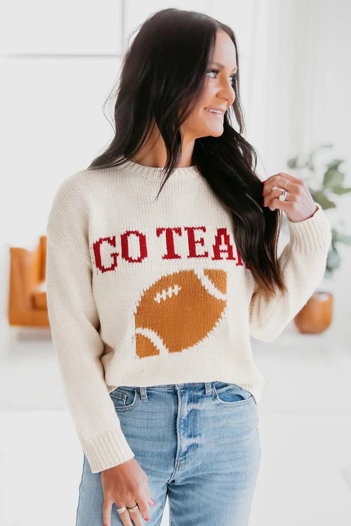 Go Team Football Drop Shoulder Knit Top Sweater – Beige