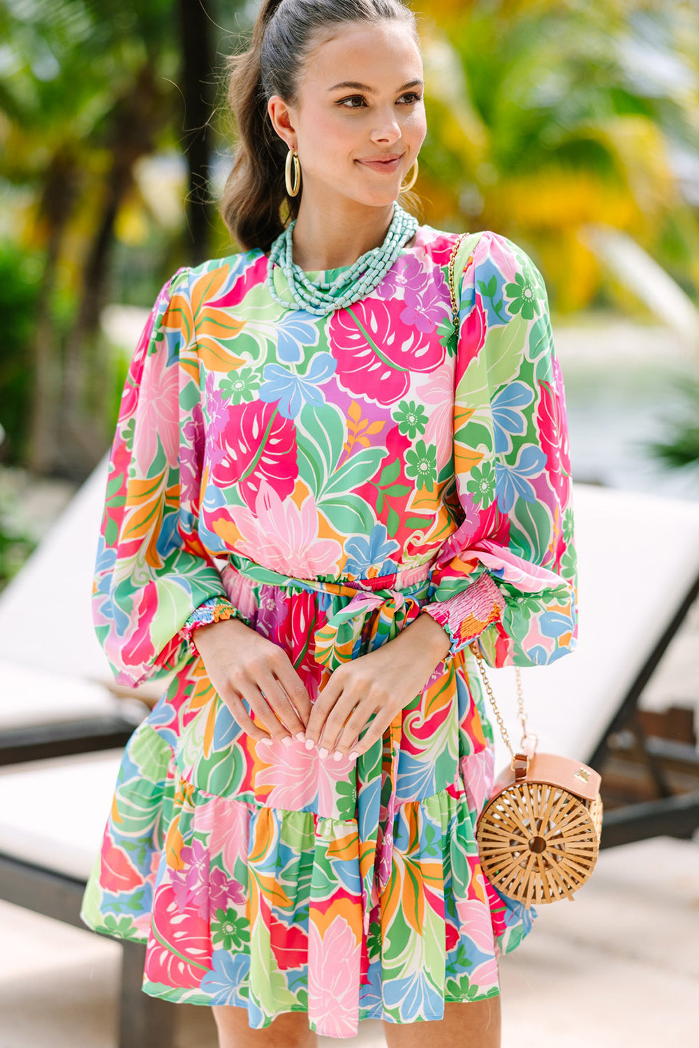 Green MultiColour Botanical Bubble Sleeve Mini Dress eAura