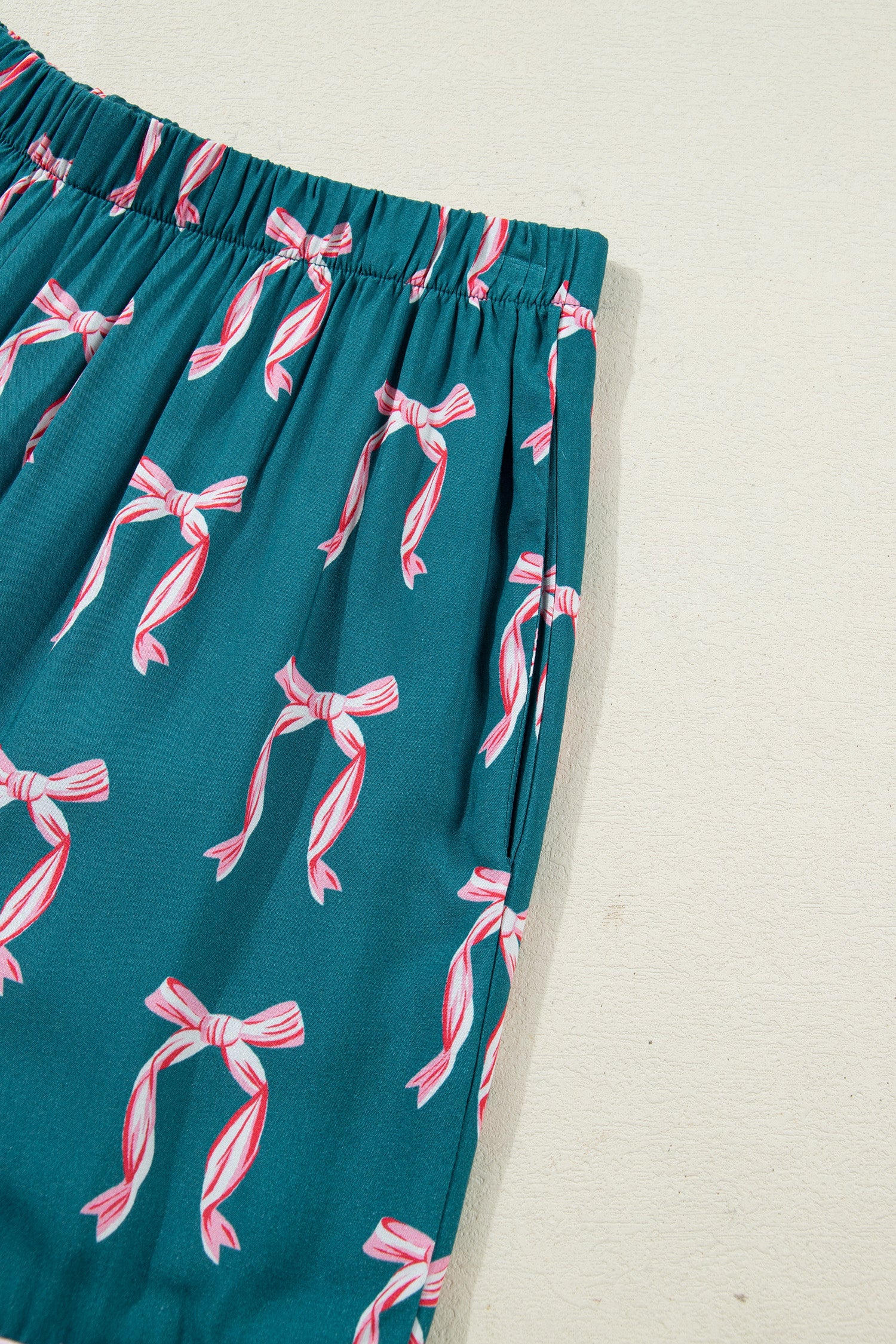 Green Ribbon Bow Print Long Sleeve Shirt and Shorts Pyjama Set - Loungewear & Sleepwear/Sleepwear