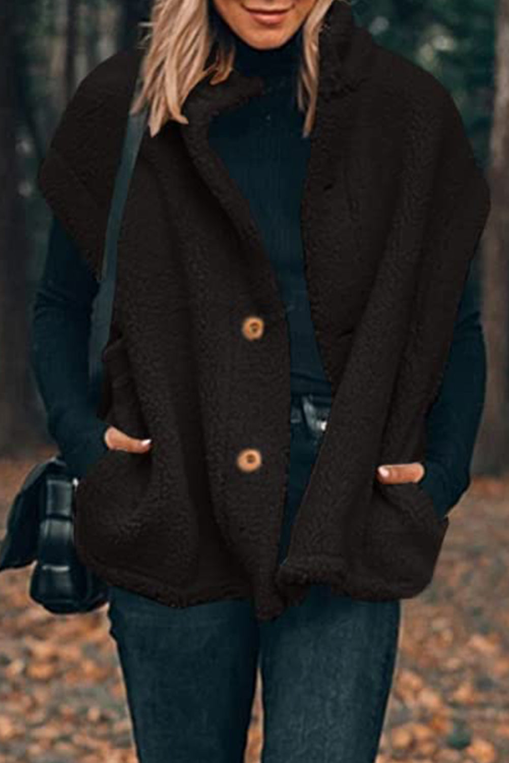 Black Sherpa Stand Collar Jacket Vest Beagle Boutique Fashion Outlet