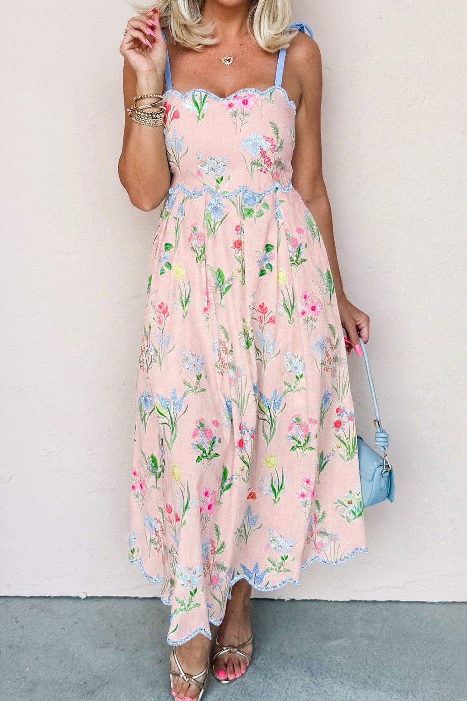 Floral Print Contrast Trim Self-Tie Straps Midi Dress