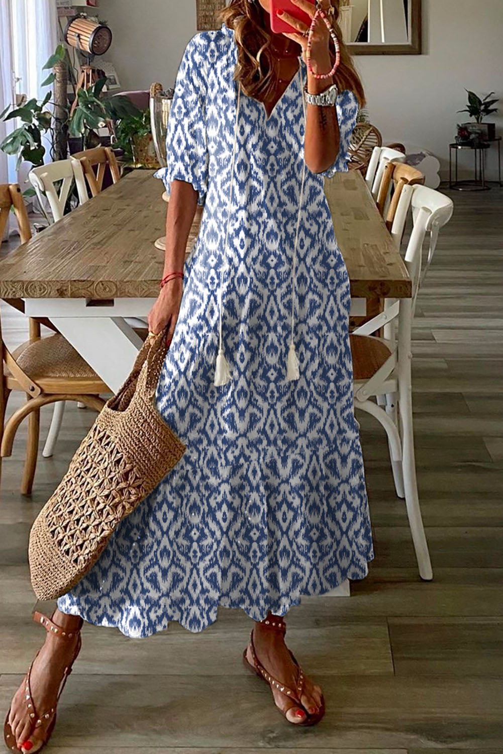 Pink V Neck Casual Geometric Print Maxi Dress eAura