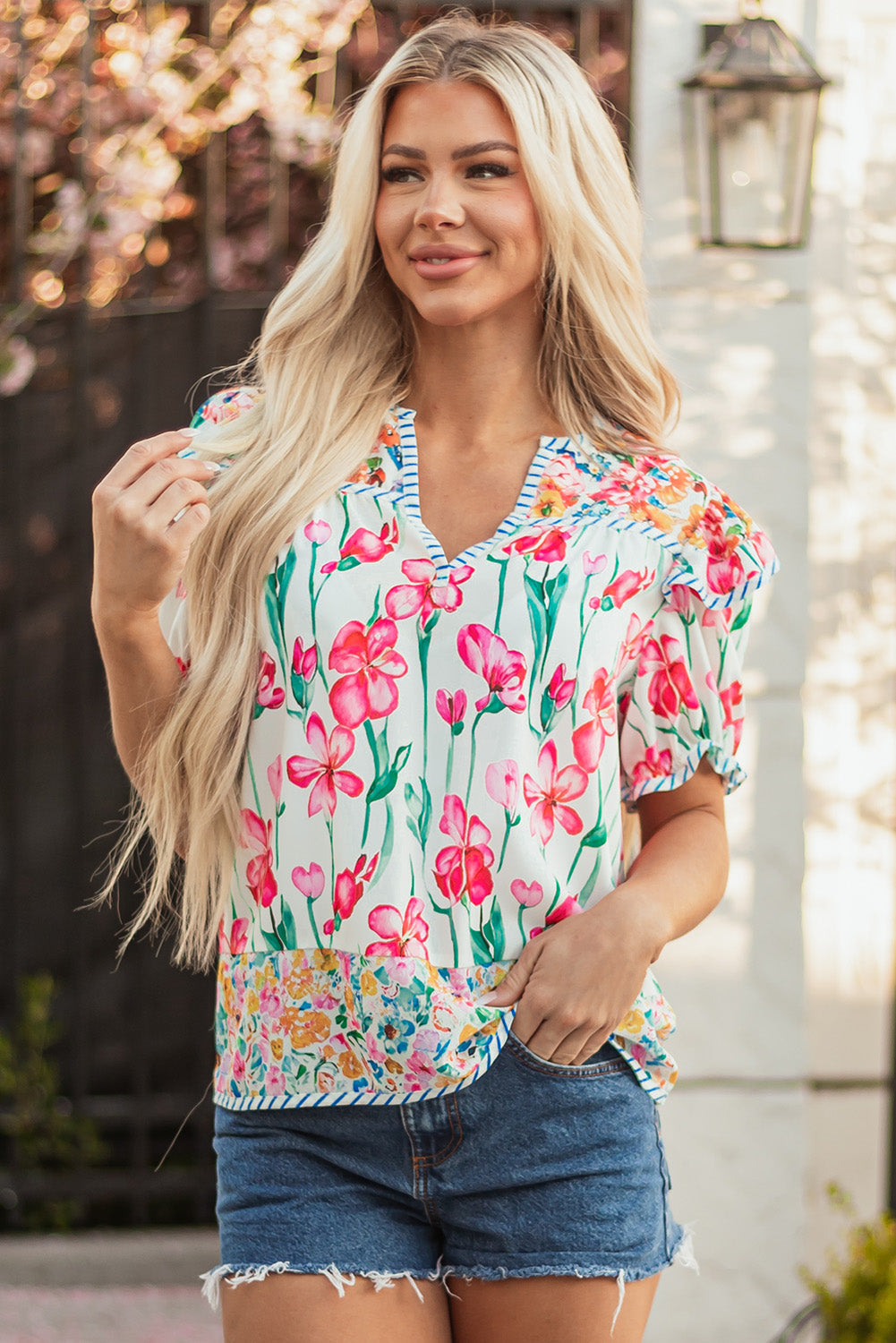 Pink Floral Print Striped Detail Split Neck Short Sleeve Blouse eAura