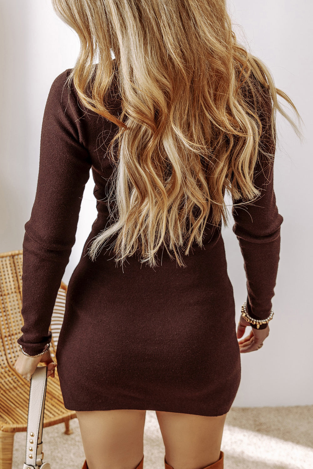 Coffee Slim Fit Mock Neck Side Slit Sweater Dress Beagle Boutique Fashion Outlet