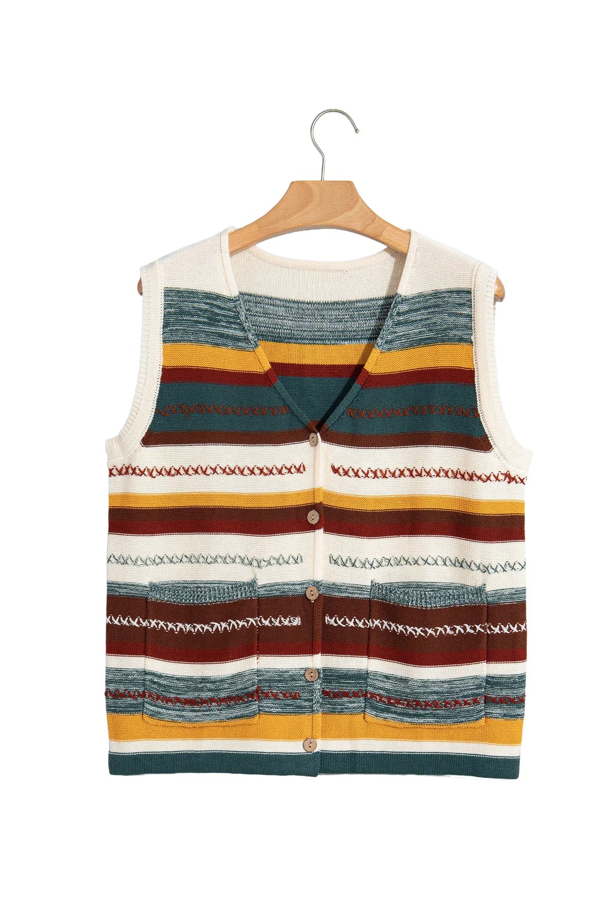 Striped Button Front Sleeveless Knit Regular Fit Sweater Vest – Multicolour