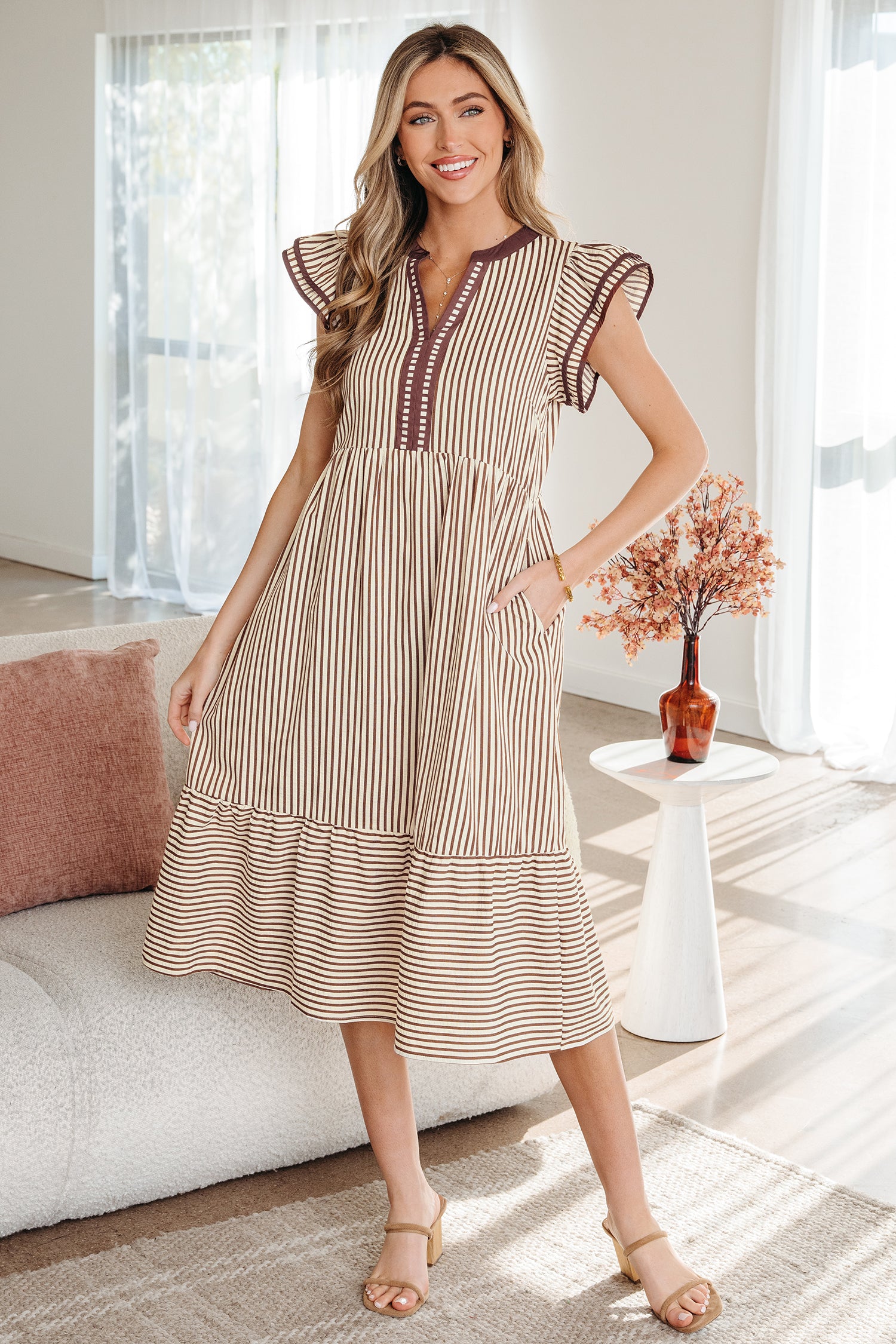 Stripe Double Ruffle Short Sleeve Contrast Trim V-Neck Midi Dress DL