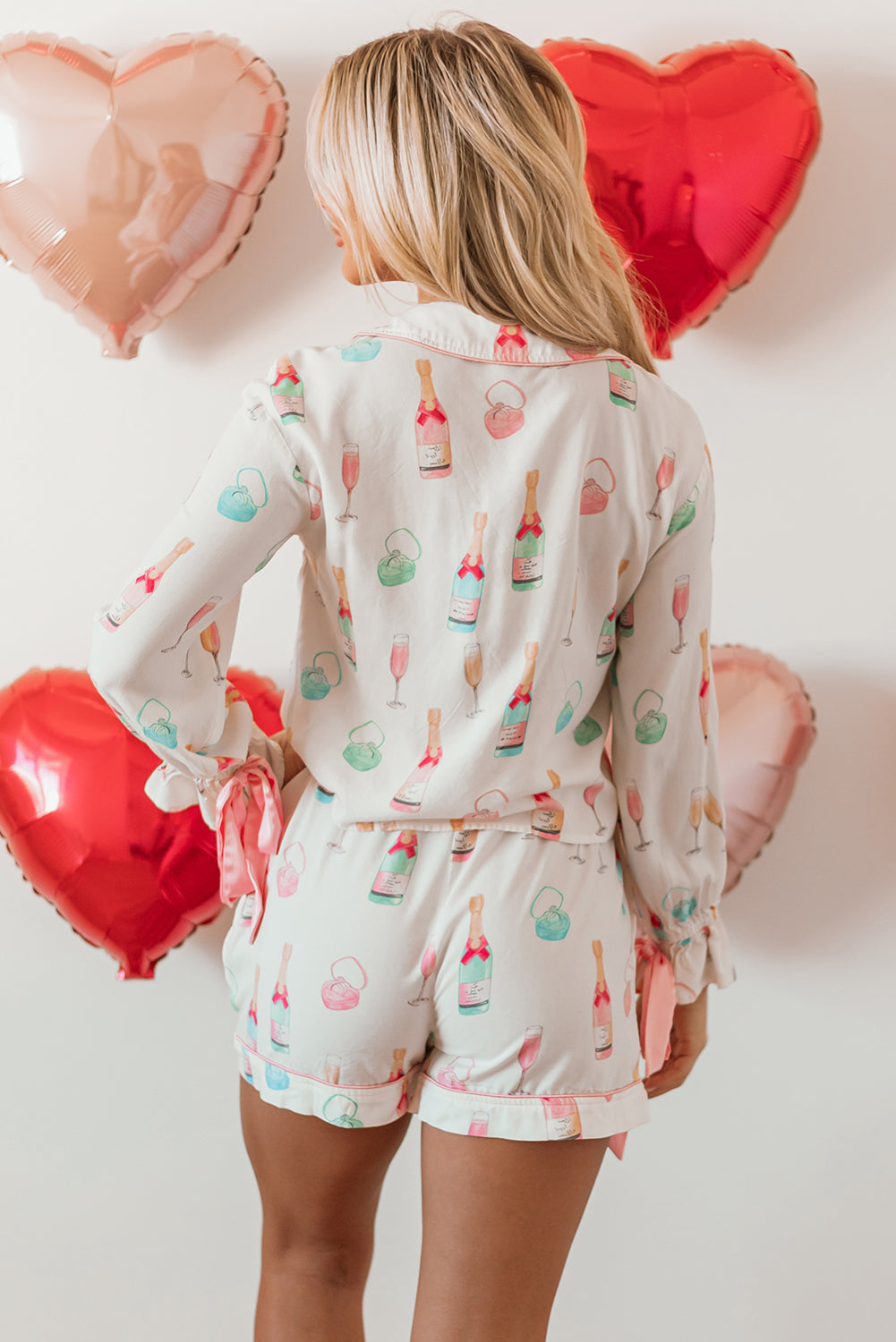 White Christmas Wine Glass Print Bow Knot Two Piece Pyjama Set - eAura
