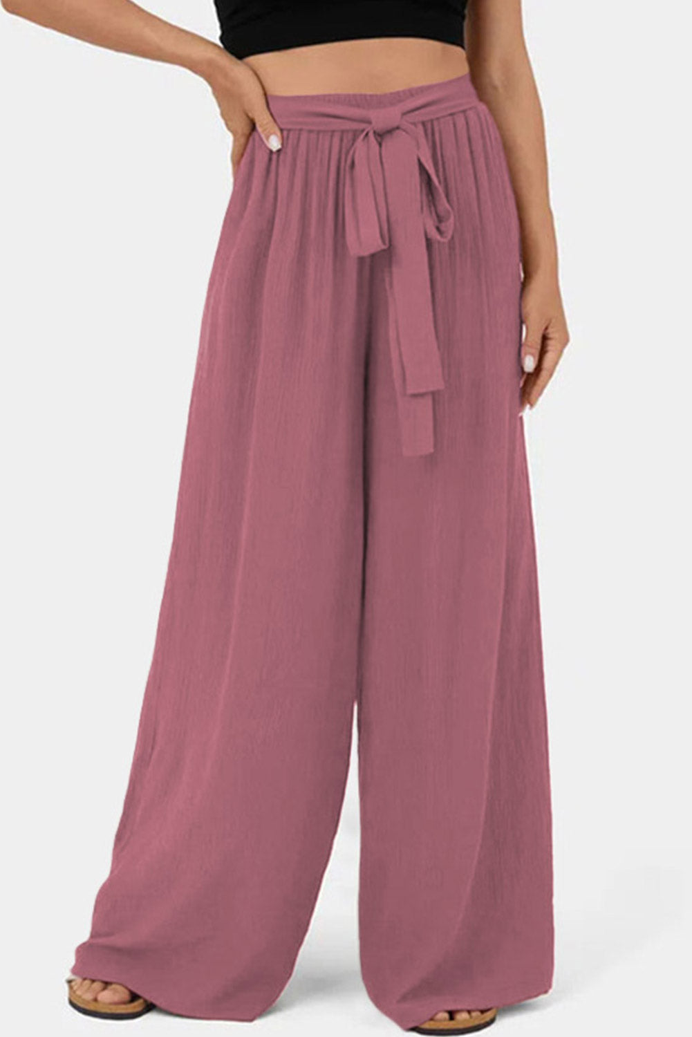 Coffee High Waisted Tie Front Side Pocket Wide Leg Flowy Casual Pants Dear-Lover Dropshipping