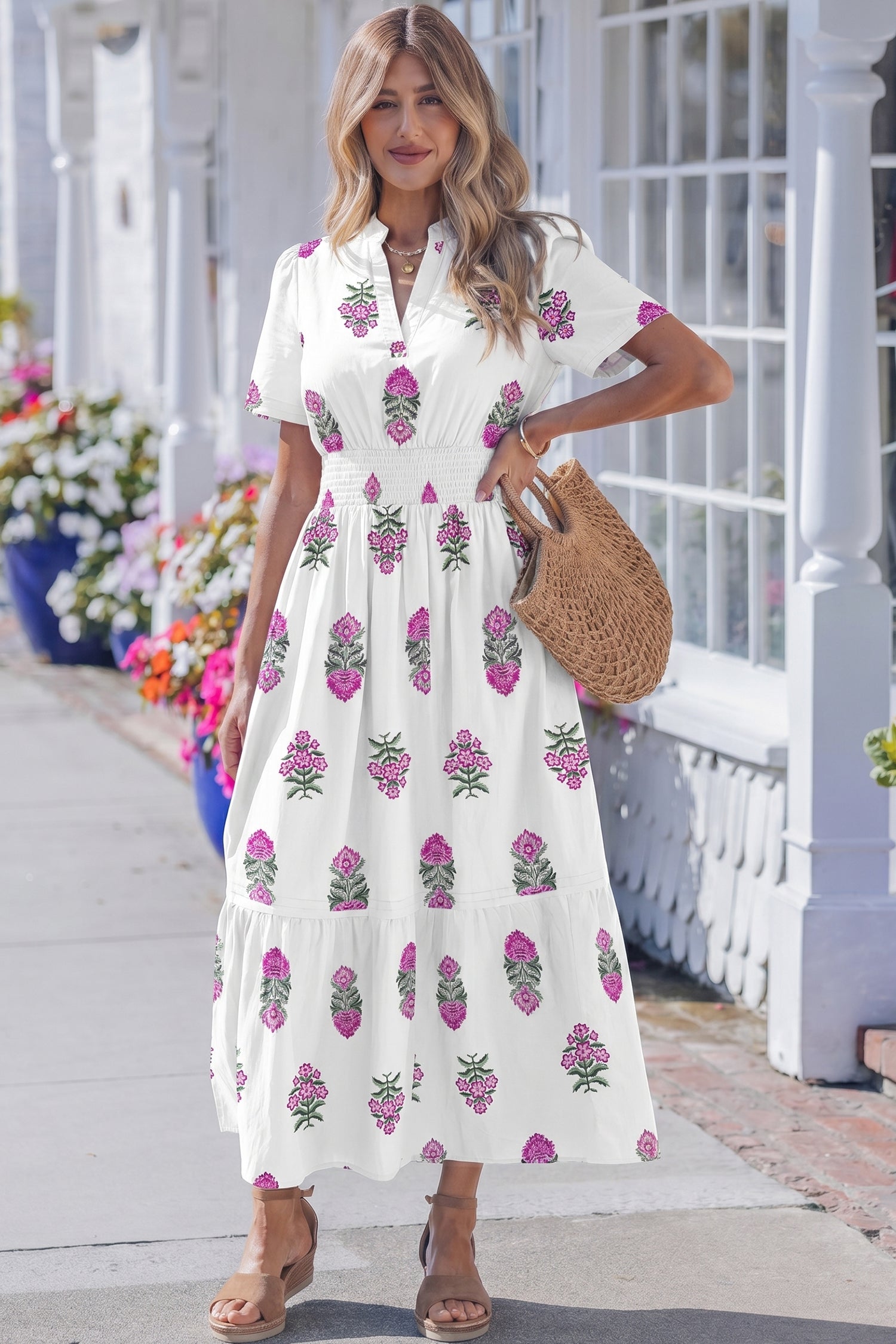 Floral Print Split Neck Shirred Waist Ruffle Hem Maxi Dress