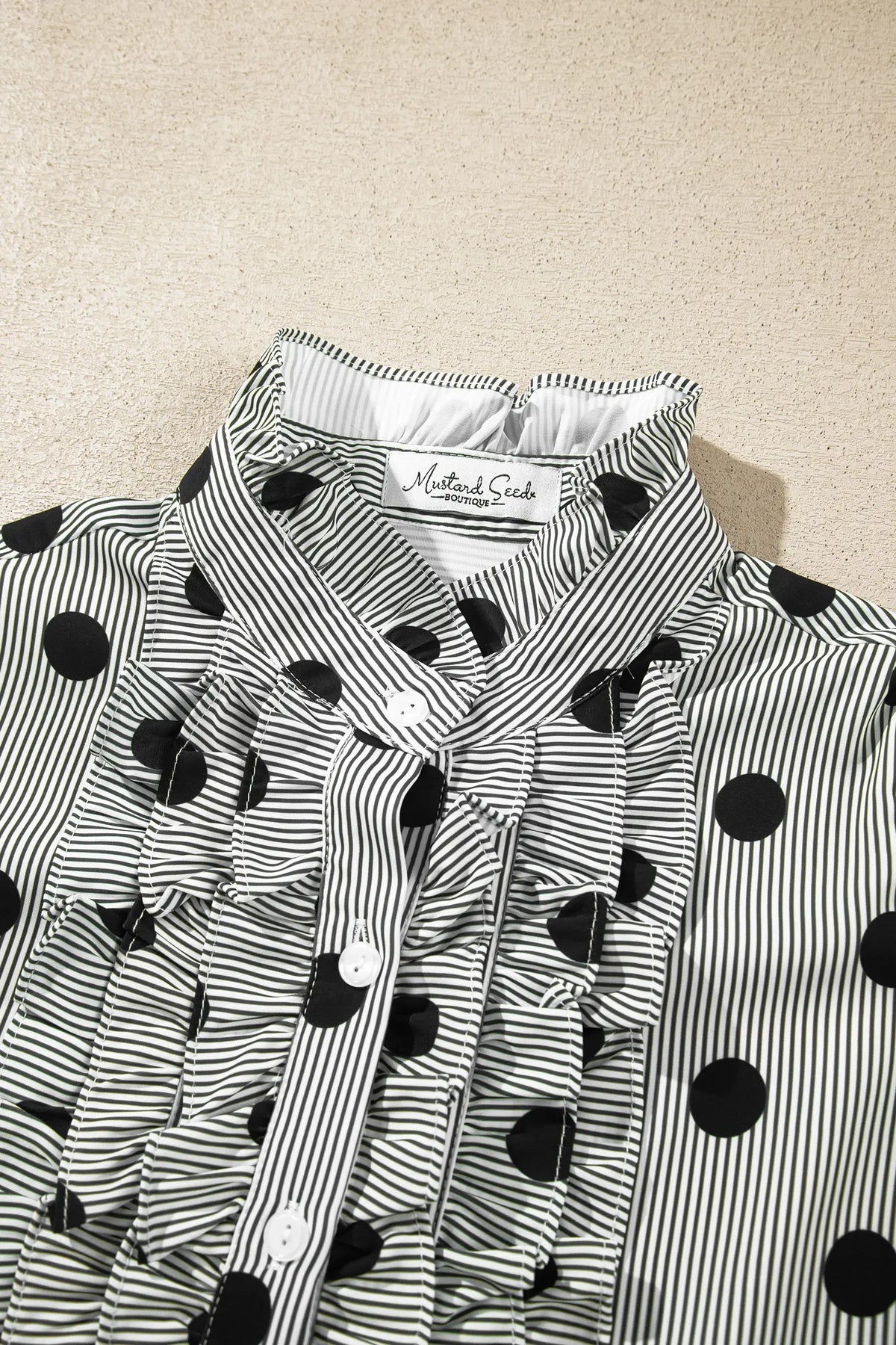 Polka Dot Striped Print Ruffle Stand Neck 3/4 Sleeve Shift Shirt – Black White