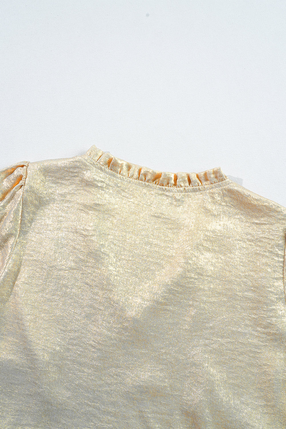 Gold Metallic Frilled V Neck Puff Sleeve Babydoll Blouse Beagle Boutique Fashion Outlet