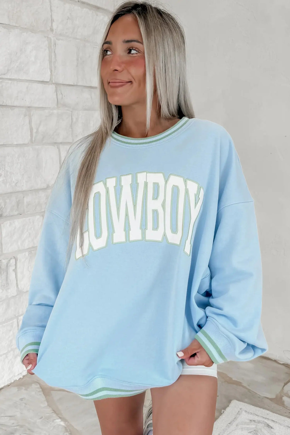 Embroidered Cowboy Letter Print Long Sleeve Round Neck Sweatshirt – Beau Blue
