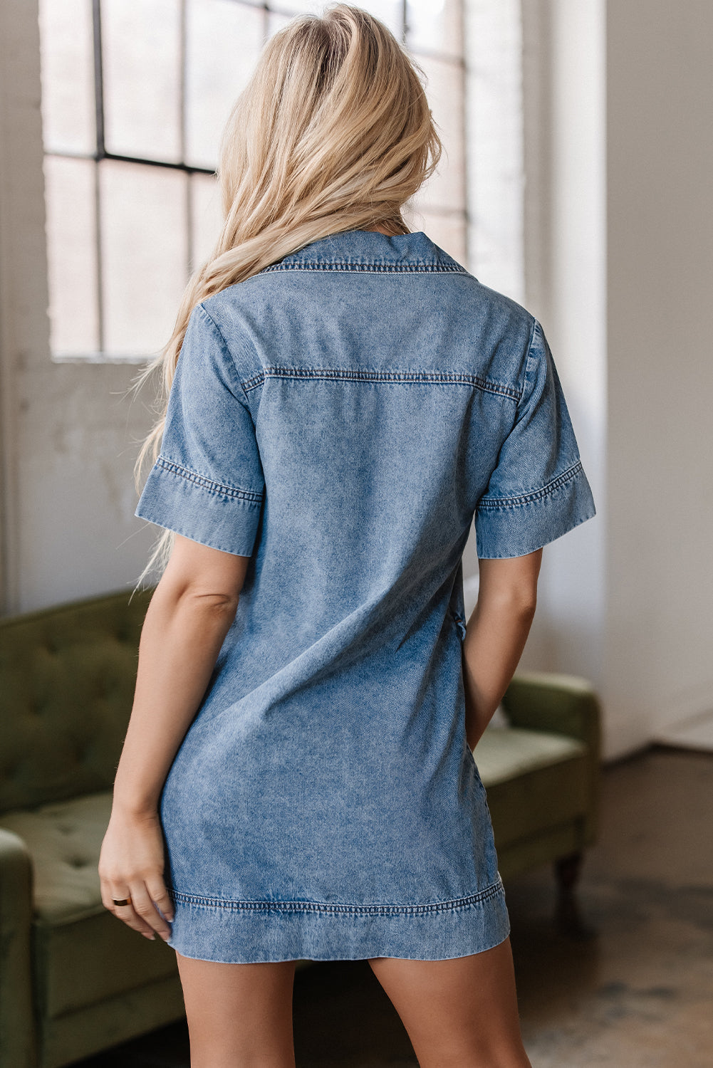 Beau Blue Short Sleeve Collared Patched Pocket Denim Mini Dress BB Fashion Outlet