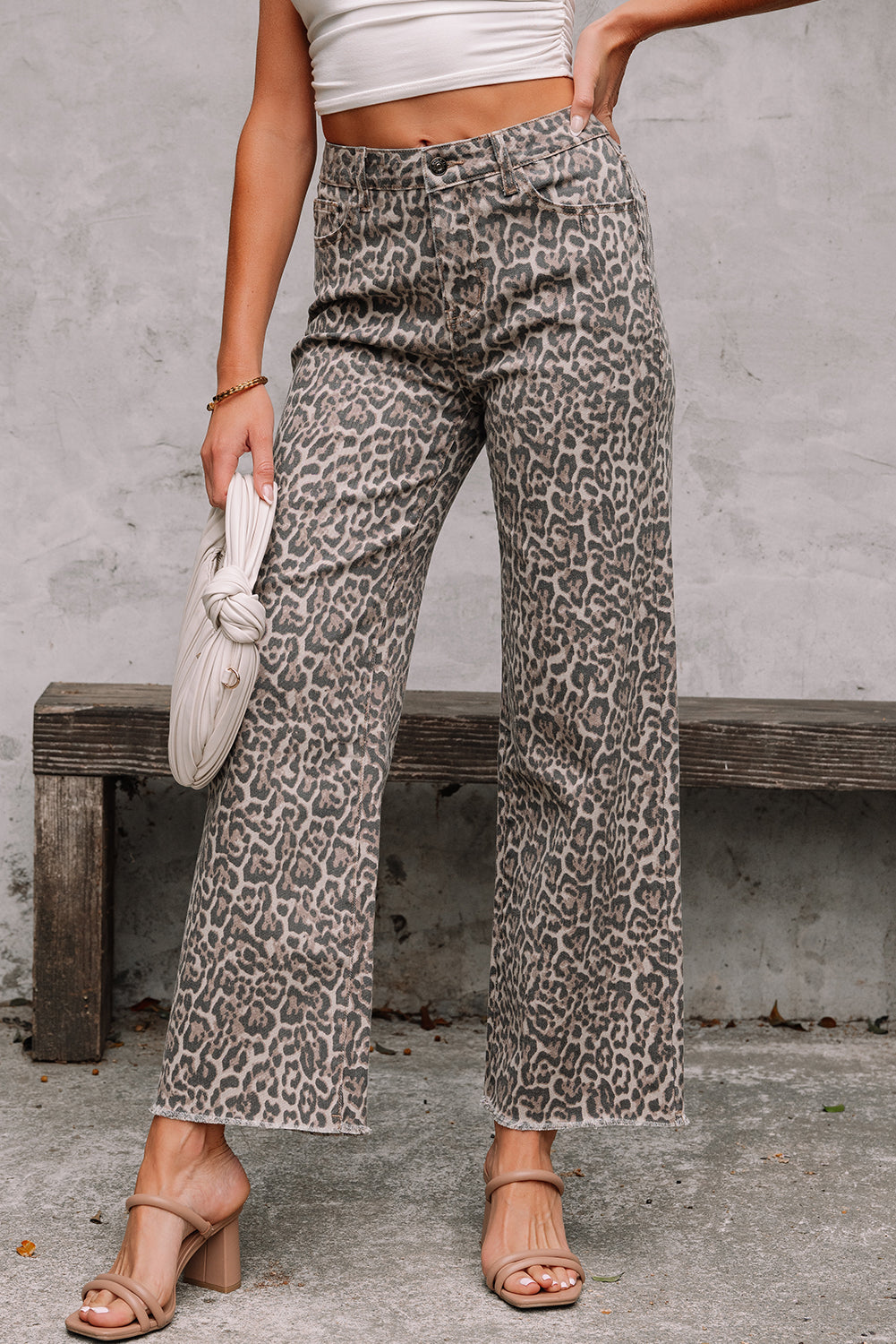 Leopard Frayed Edge Wide Leg High Waist Jeans - eAura