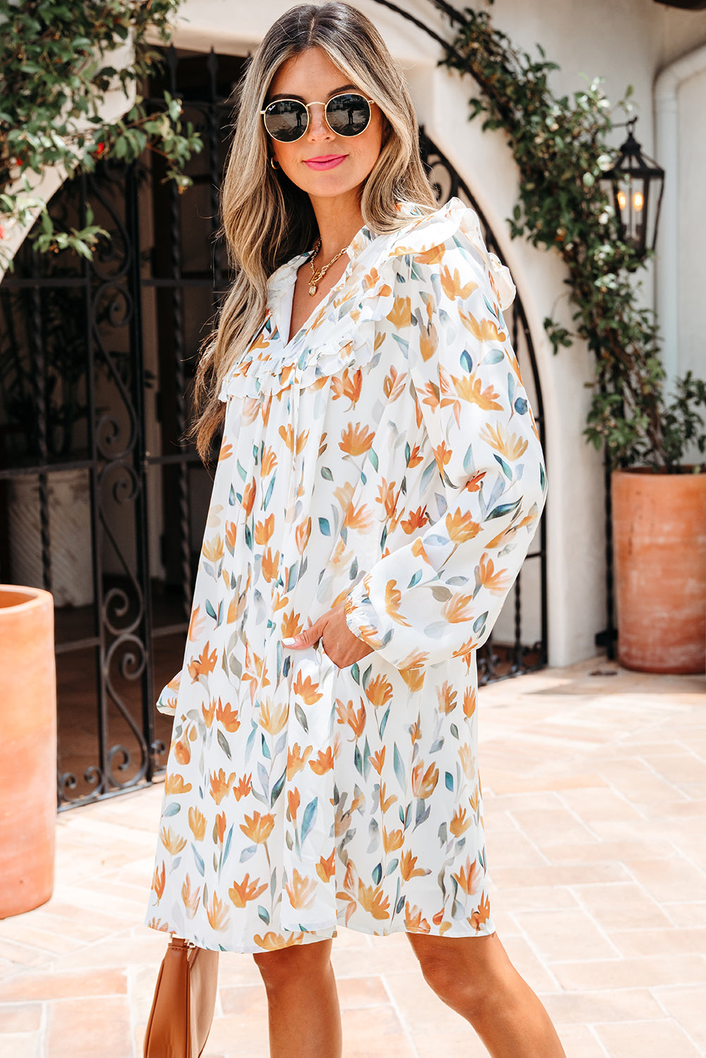 Yellow Floral Print Tie Neck Frilled Detail Long Sleeve Mini Dress eAura
