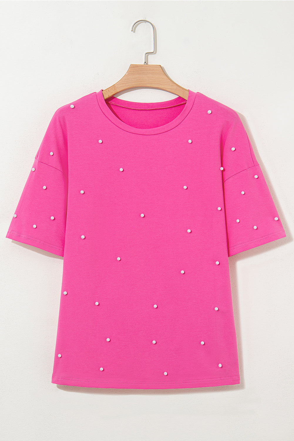 Bright Pink Pearl Beaded Drop Shoulder Crewneck T Shirt - eAura