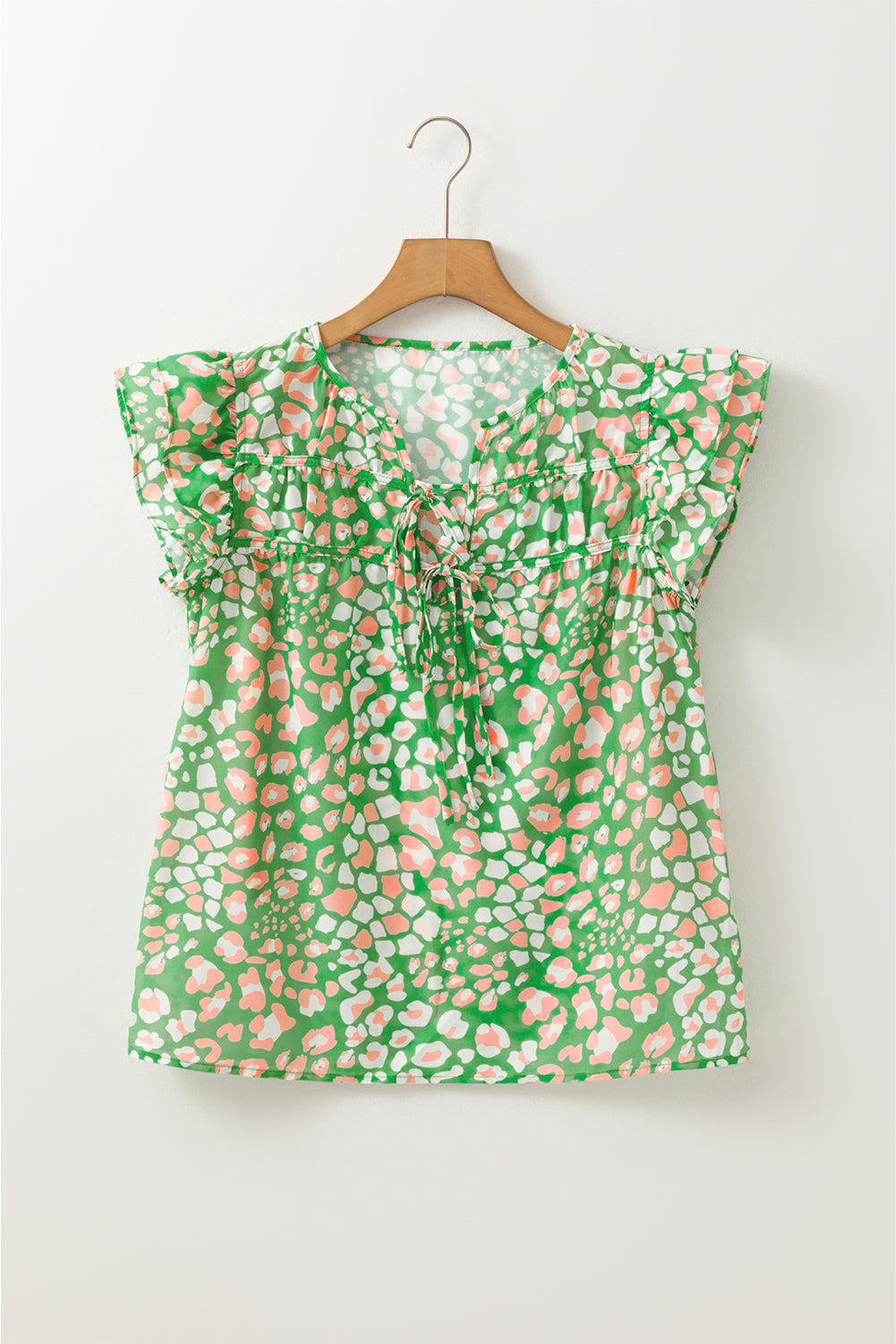 Green Abstract Leopard Tied Front Flutter Sleeve Blouse eAura