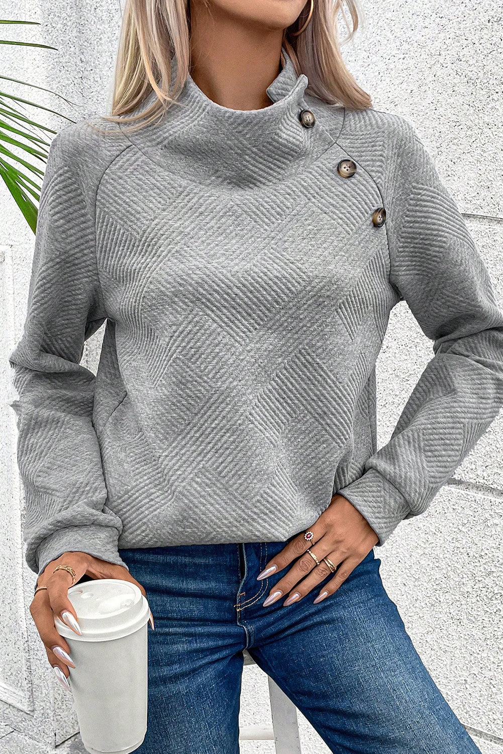 Asymmetric Buttons Detail High Neck Textured Sweatshirt eAura