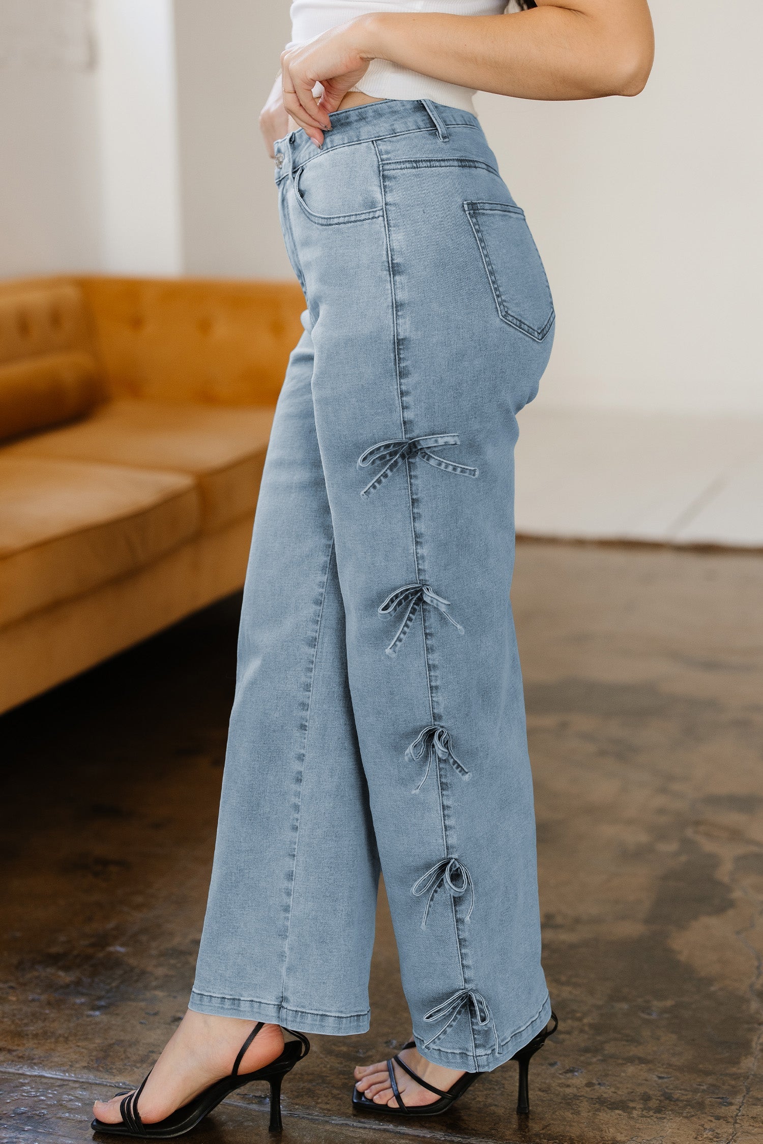 Bow Knot Side Detail Straight Leg Loose Jeans - Bottoms/Jeans