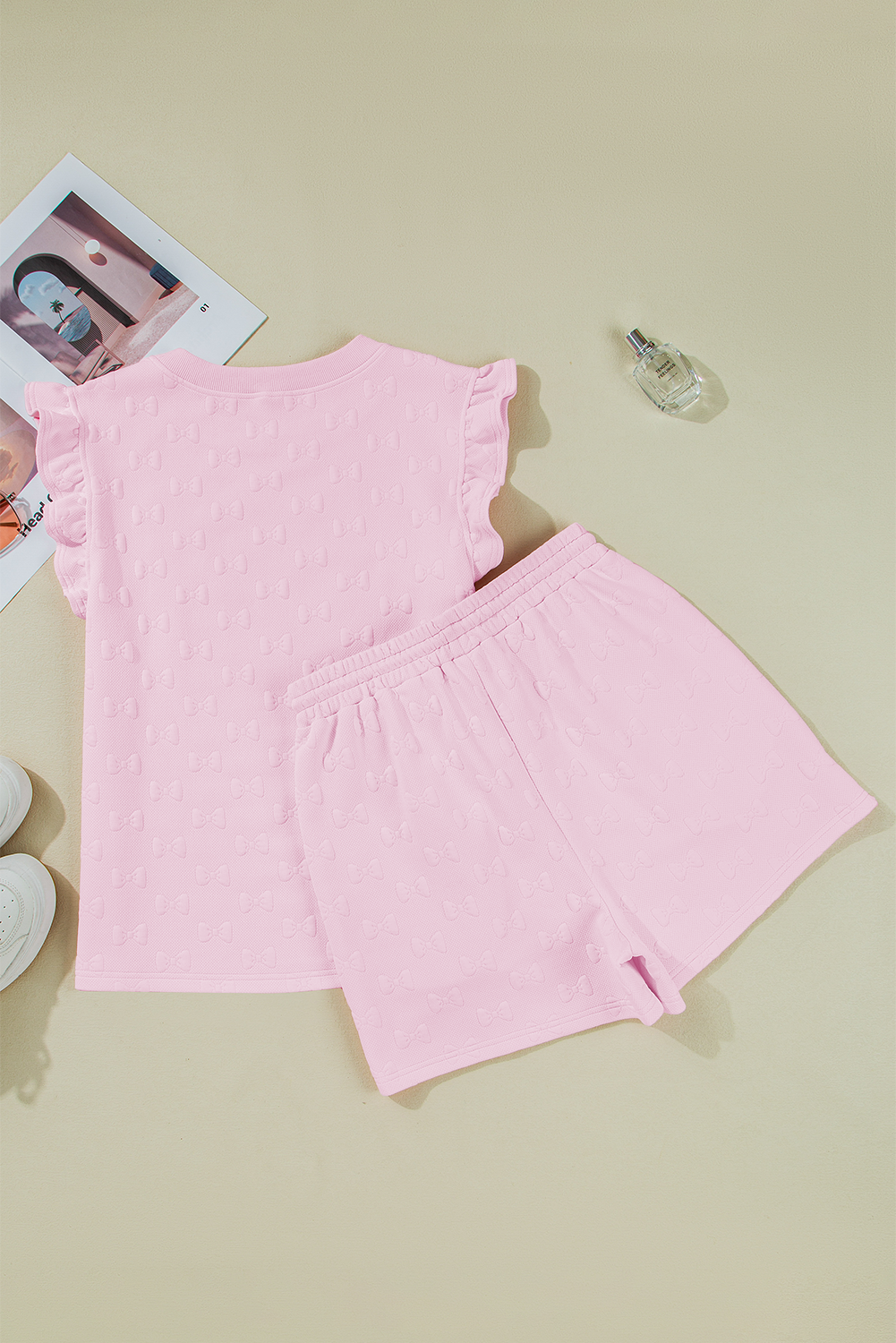 Pink Bow Jacquard Ruffle Sleeve Short 2pcs Outfit Co-ord eAura