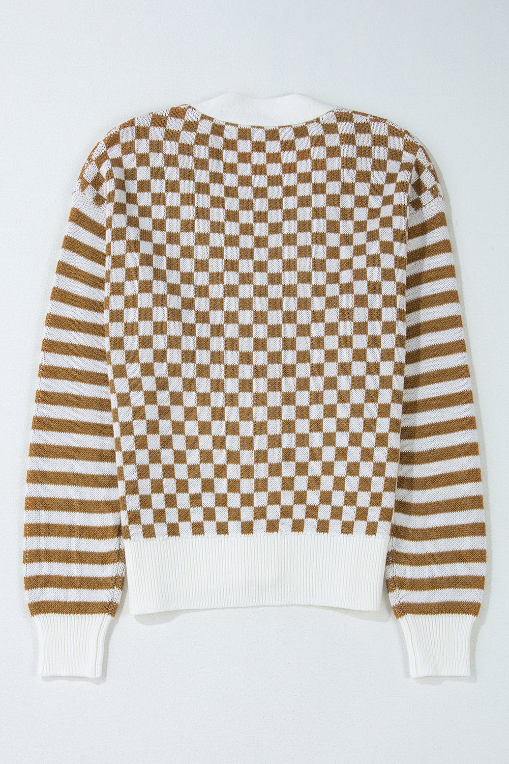 Brown Checkered Striped Patched Buttoned V Neck Cardigan eAura